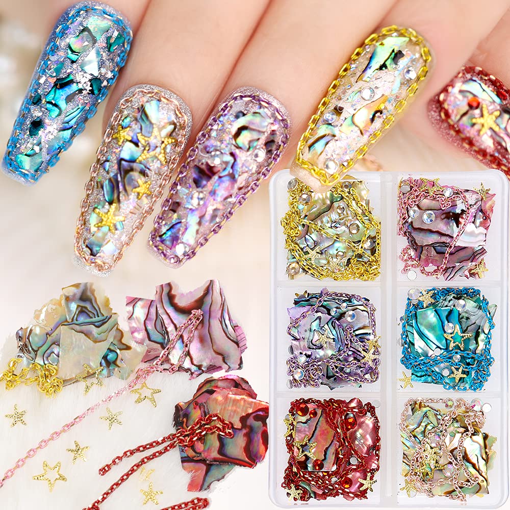 3D Chain Nail Art Pendant Abalone Piece Nail Art Decoration Starfish Metal Metal Rivet Shell Nail Art Set Accessories Crystal Rhinestone Nail Art Design DIY Christmas Halloween Nail Salon