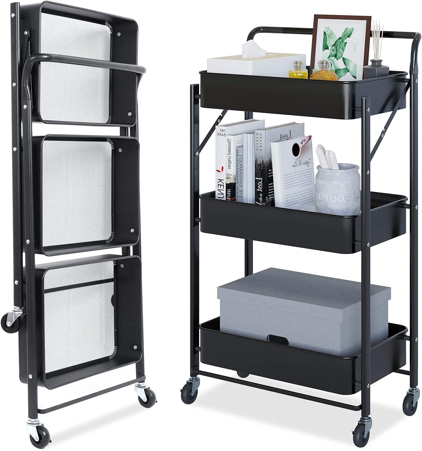 Libreria Metallica Pieghevole 3 Ripiani Nero: Scaffale Per Piante E Decorazioni, Supporto Espositore 27x53x13 Cm
