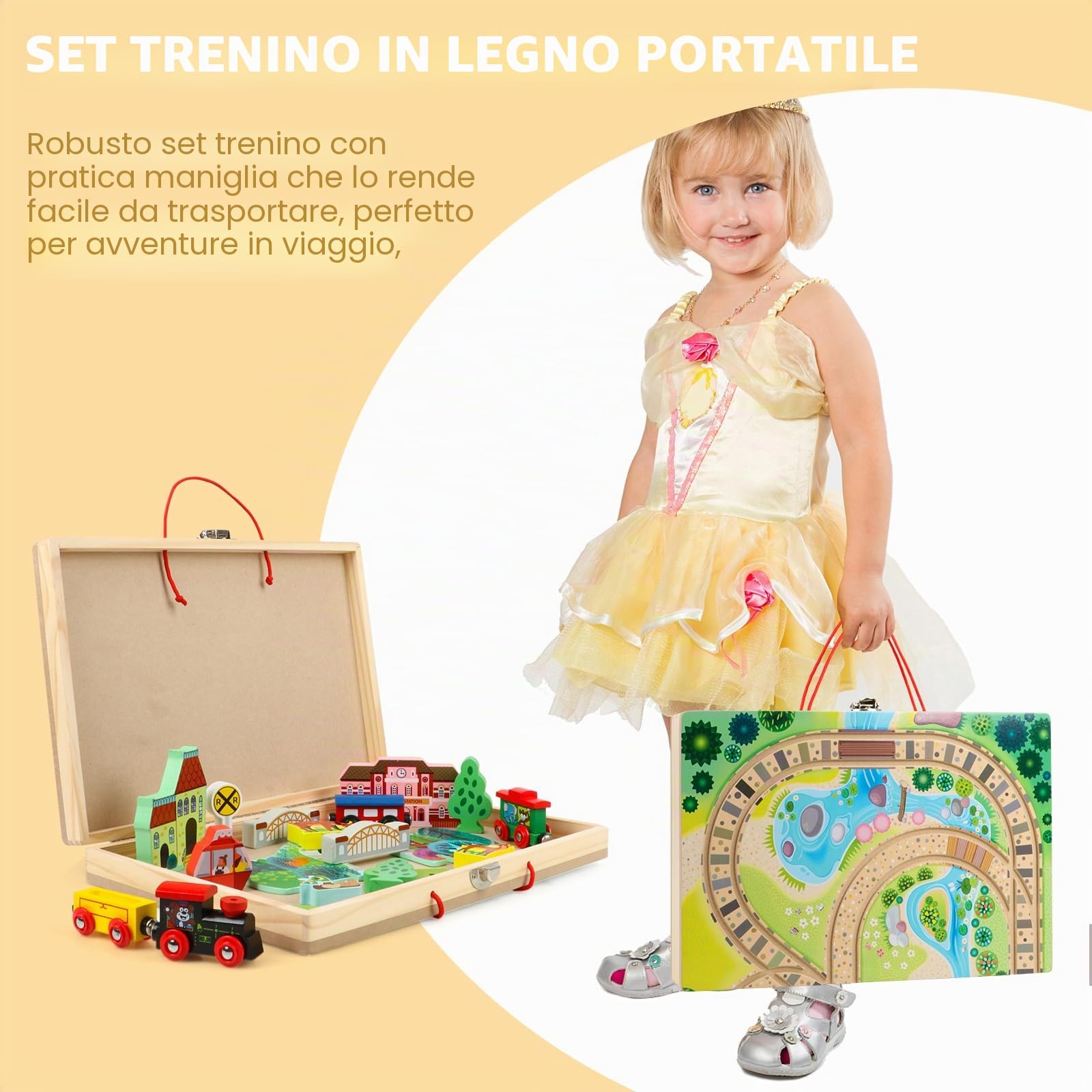 Jacootoys in legno 18 PZ Train Track Set per i bambini, ferrovia, 4 treni, pezzi di gioco, ponte per le età 3 + ragazze Ragazzi Regali