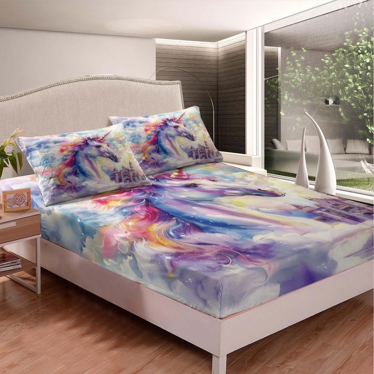 Cartoon Unicorn Kids Sheet Full Size,Castle Tale Dreamy Toddler Bedding Set,Girls Boys Women Room Decor,Rainbow Cloud Watercolor Animals Purple Bed Sheet Set 4pcs(Fitted + Flat + 2 Pillowcases)