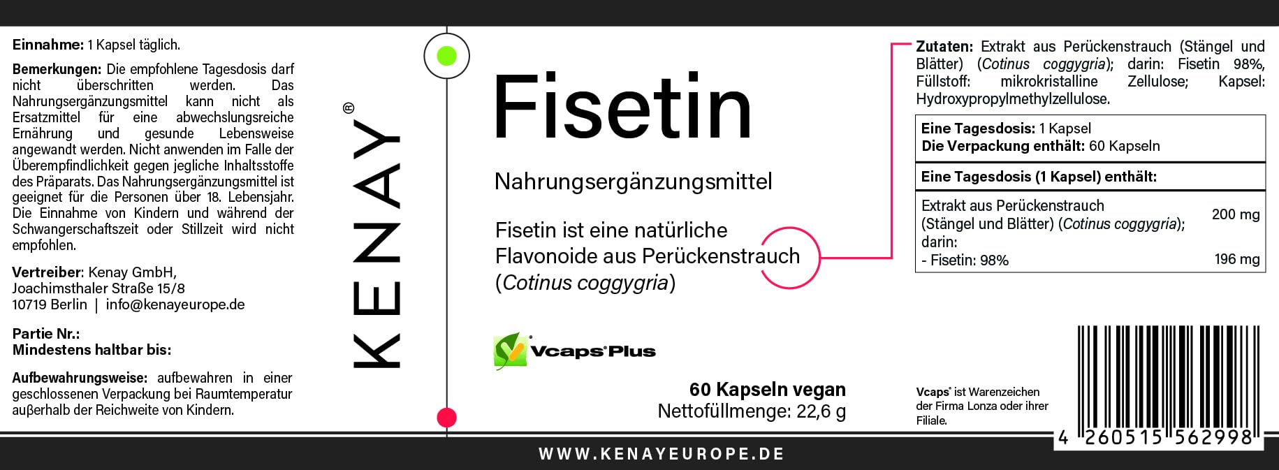 FISETIN 60 Kapseln vegan | Nahrungsergänzungsmittel KENAY®