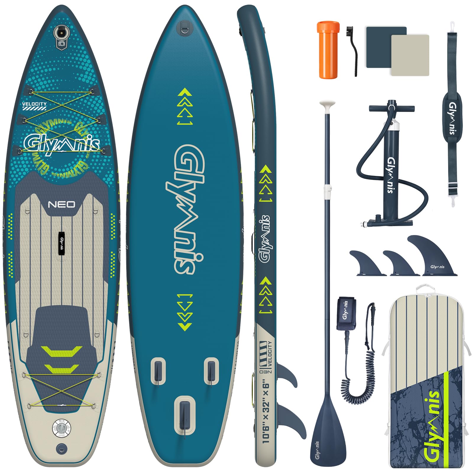 Glymnis SUP Board Stand Up Paddling Board nadmuchiwana deska do paddleboardingu, 10'6", 320 x 81 x 15 cm, grubość 6 cali z aluminiowym wiosłem, pompką powietrza i kompletnym wyposażeniem