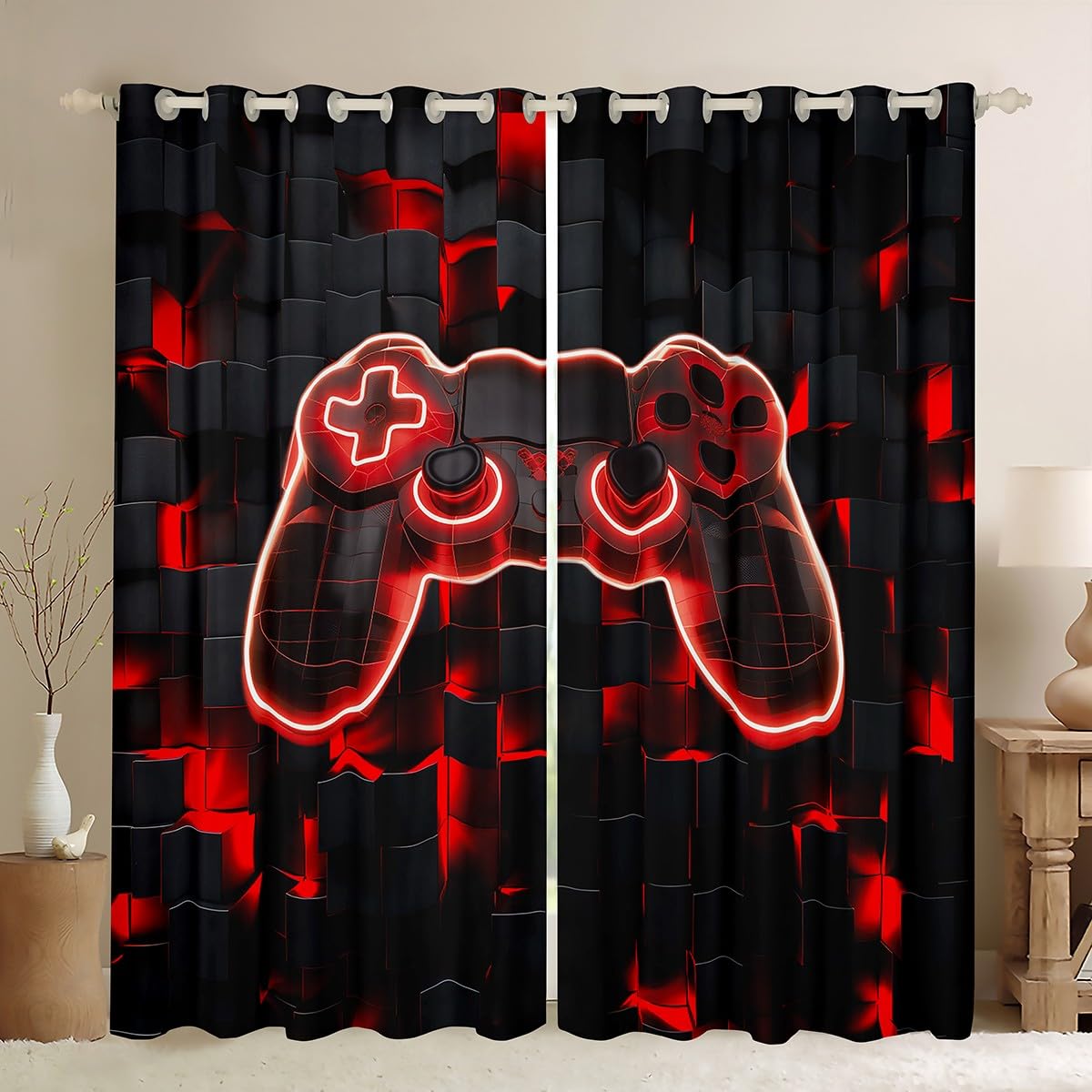 Homewish Gaming Blackout Curtains for Boys Kids Gamer Curtains, Boys Gaming Themed Bedroom Curtains Honeycomb Print Window Curtains, Modern Abstract Plaid Curtains Red,2 Panels 66x72