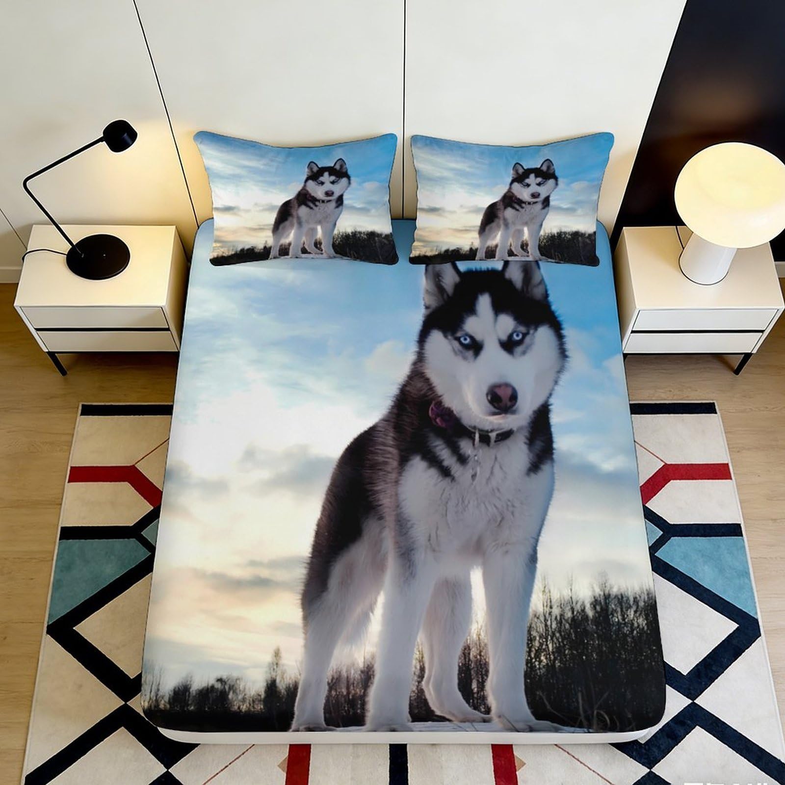 3D Printed Husky Dog Fitted Sheet Microfiber Soft Bedroom Decor Forest Sunset Mattress Cover for Home Guest Room 90x200x25cm