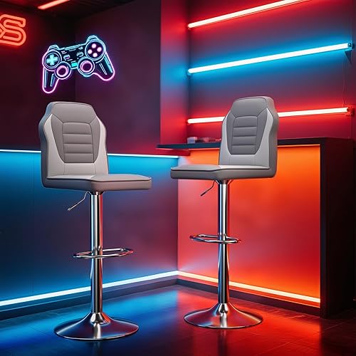 Miniatura 2 de MoNiBloom Juego de 2 taburetes de bar estilo carreras, de piel sintética ajustable en altura con reposapiés, sillas de bar giratorias de 360 con