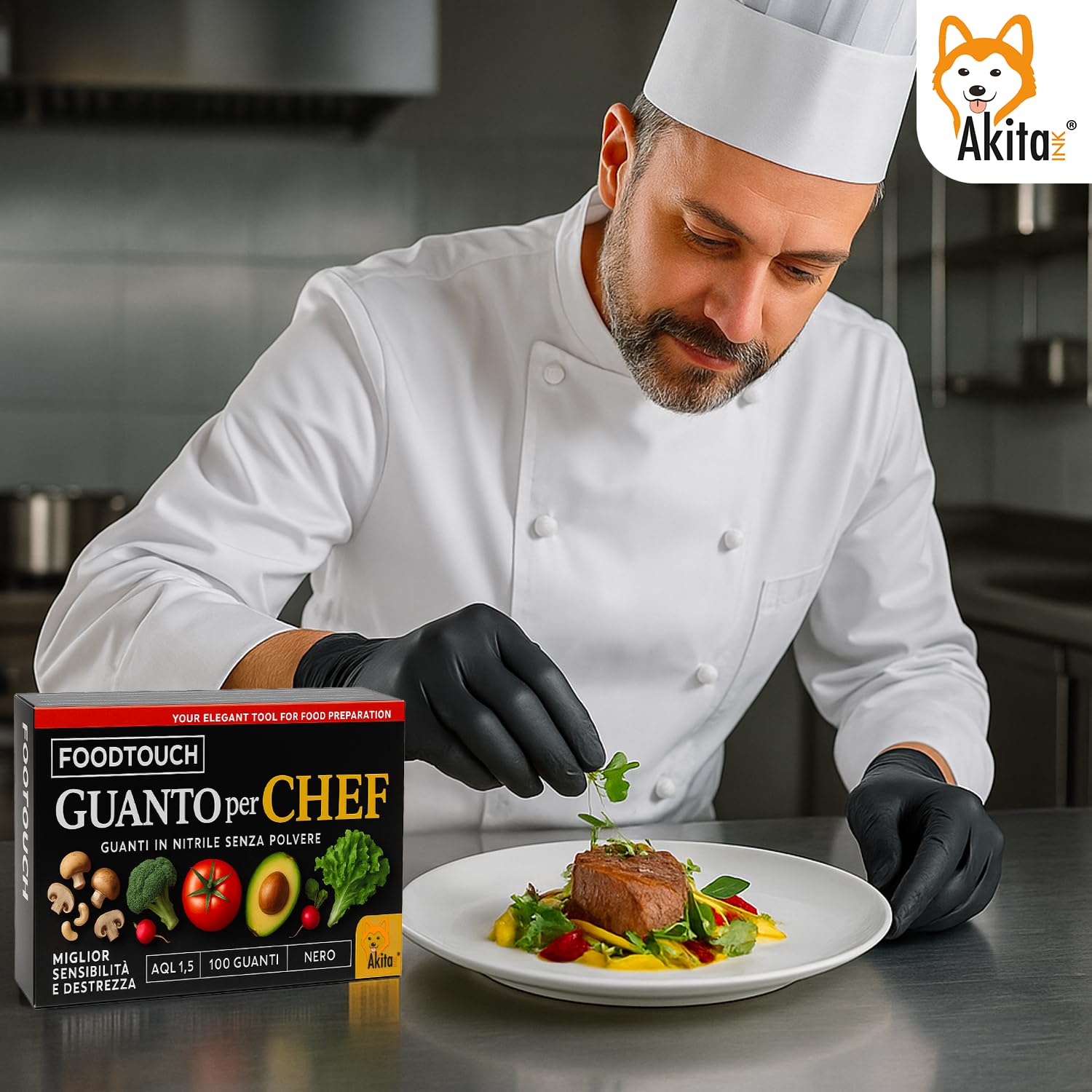 AKITAInk Guanti Chef Nitrile Neri 100 Pezzi Food Touch | Monouso Professionale per Chef e Ristorazione | Senza Polvere, 4g | Ideali per Ristorazione e Manipolazione Alimenti (XL)