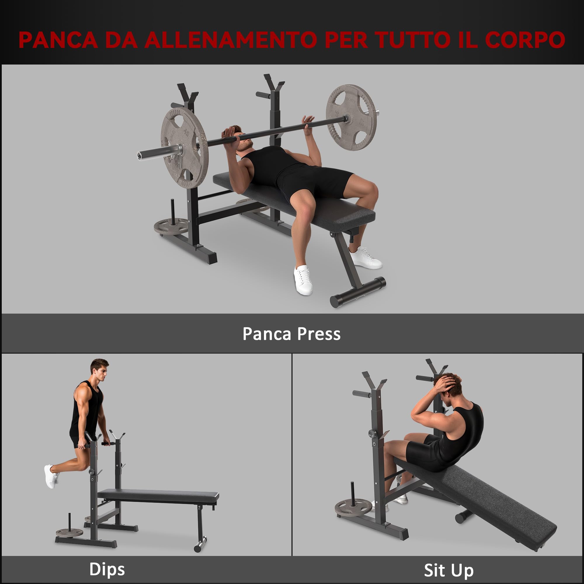 HOMCOM Panca da Palestra Pieghevole con Supporto per Bilanciere Regolabile in 8 Posizioni, Panca Pesi in Acciaio e PU per Palestra Casa, Portata 220 kg, 140x73x98-122 cm