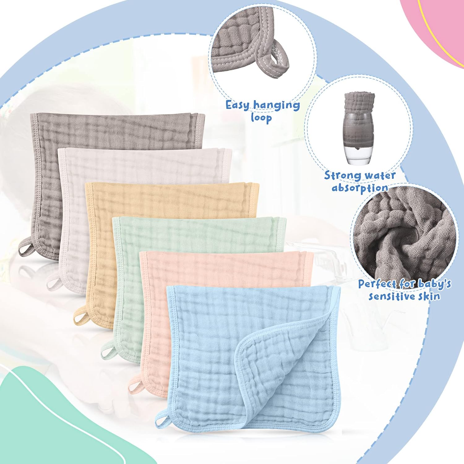 6 Pieces Large 20 x 10 Inch Muslin Burp Cloths Multi-Colors Muslin Washcloths Baby Burping Cloth Diapers 6 Absorbent Layers Muslin Face Towels for Baby (Multiple Colors, Classic Patterns) : Baby
