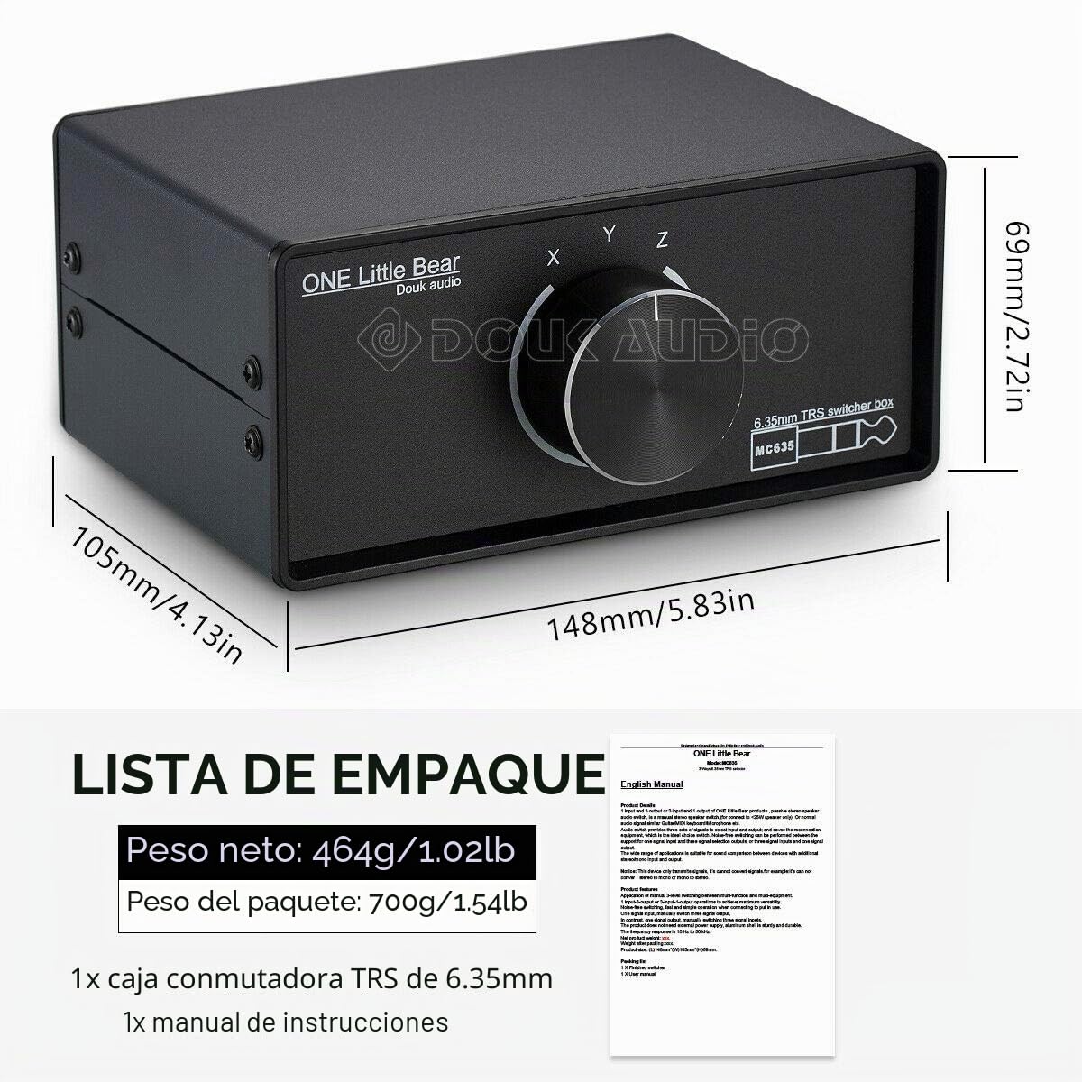 Douk Audio Mini 3-Way - Conmutador de audio (mono/estéreo, 6,35 mm, TRS, para auriculares)