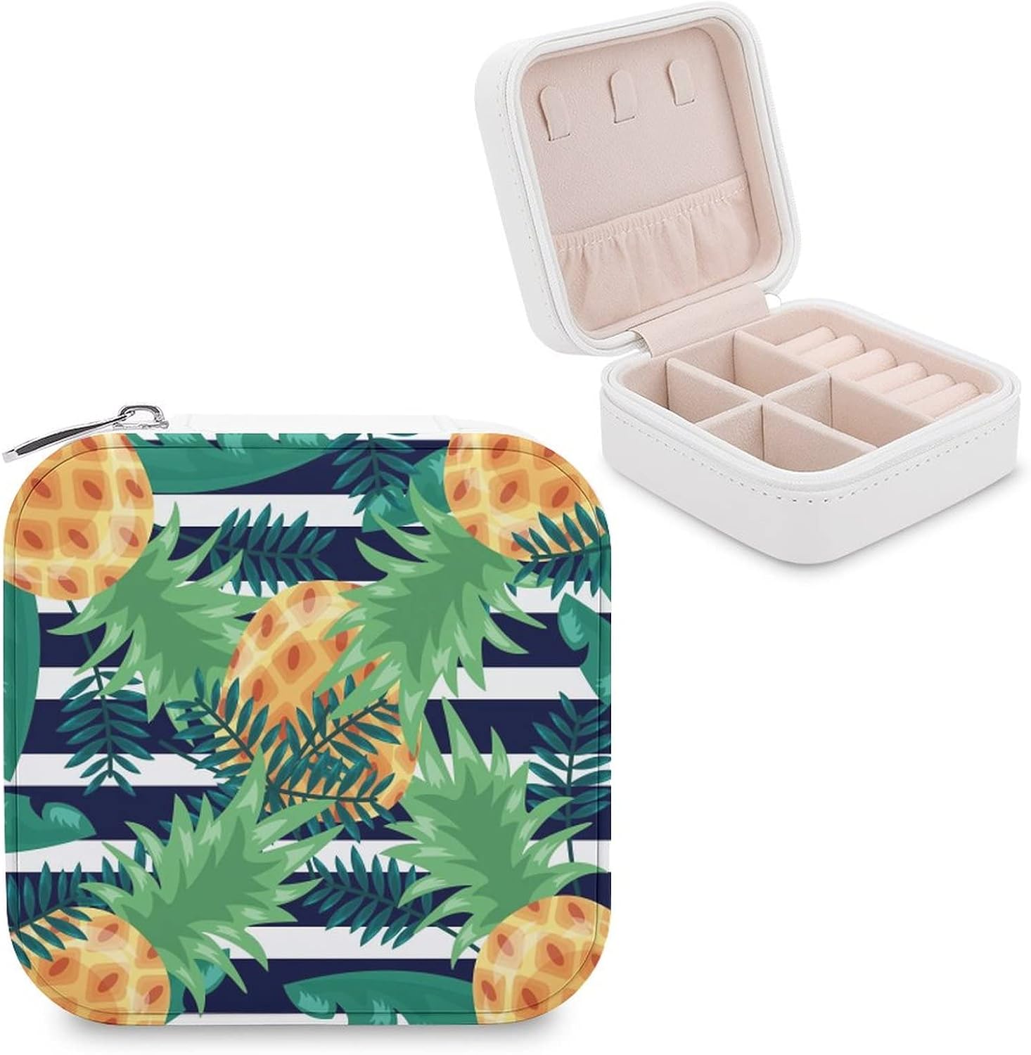 Jewelry Box, PU Small Portable Travel Case, Organizer Display Storage Holder Box for Rings, Earrings, Necklaces, Bracelets - Pineapple Creativity Pattern