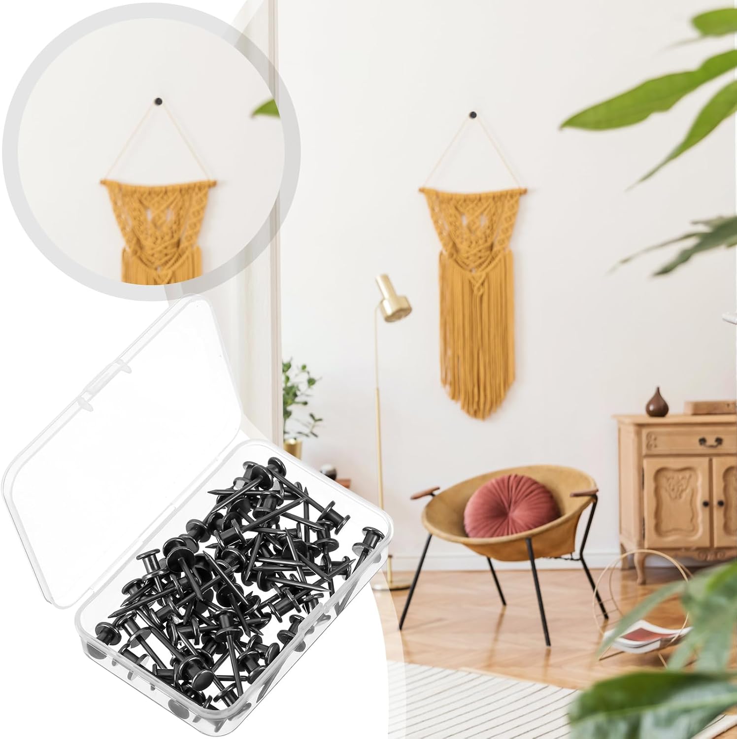 Watersay 50 Pcs Double Headed Picture Hanging Nails Long Push Pins for Wall Thumb Tacks Wall Hooks Decorative Picture Hanging Nails for Home Office Photo(Black,Gongzi)