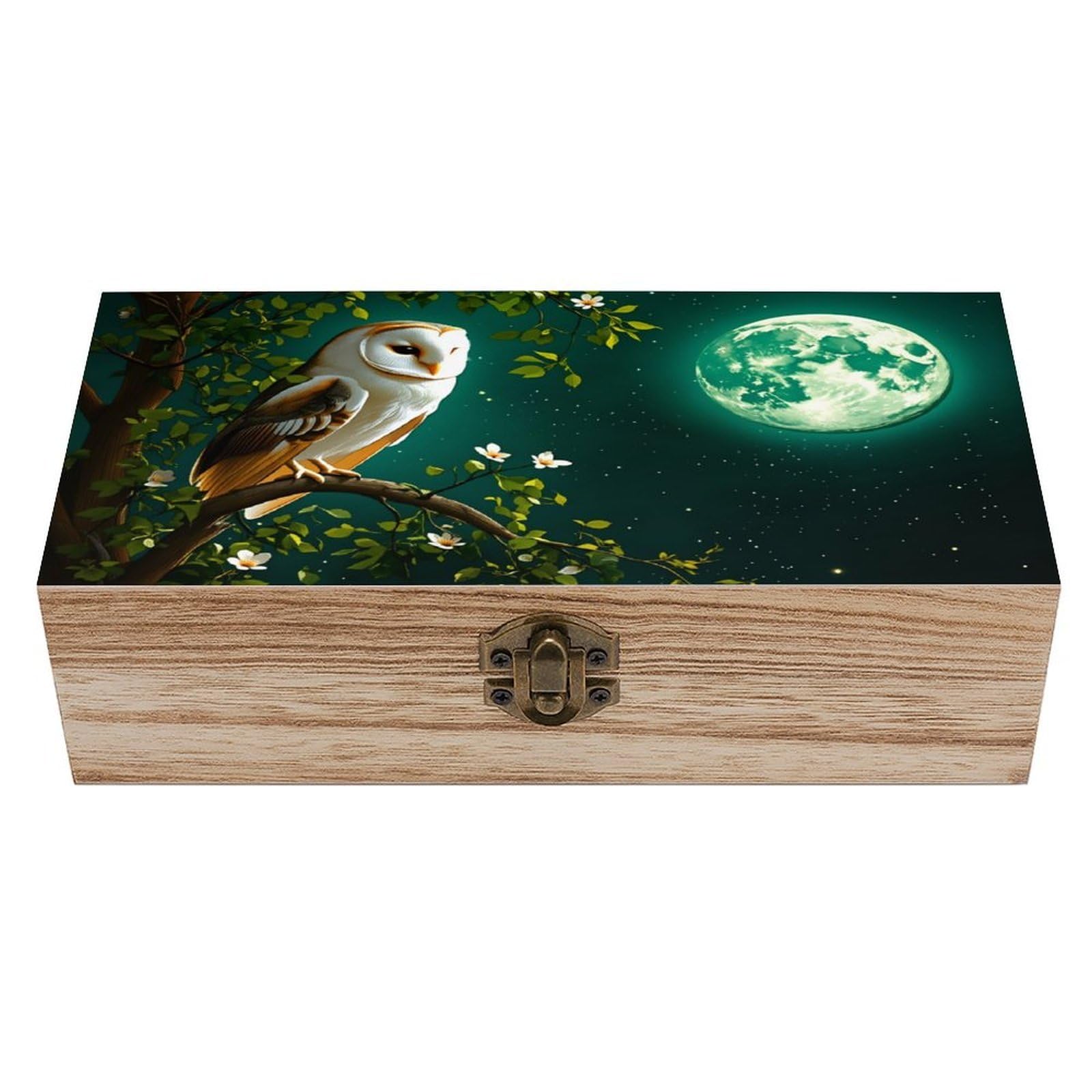 asbwuo Owl With Moon Vintage Wooden Keepsake Box