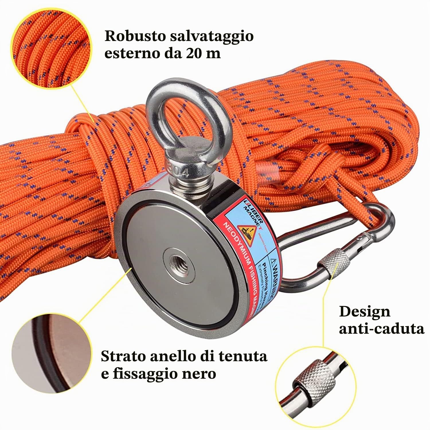 ULIBERMAGNET Magneti da pesca double face super potenti combinati 500 kg N52 kit da pesca magnete al neodimio con corda, artiglio, guanti, per la pesca magnetica e la caccia al tesoro sott'acqua