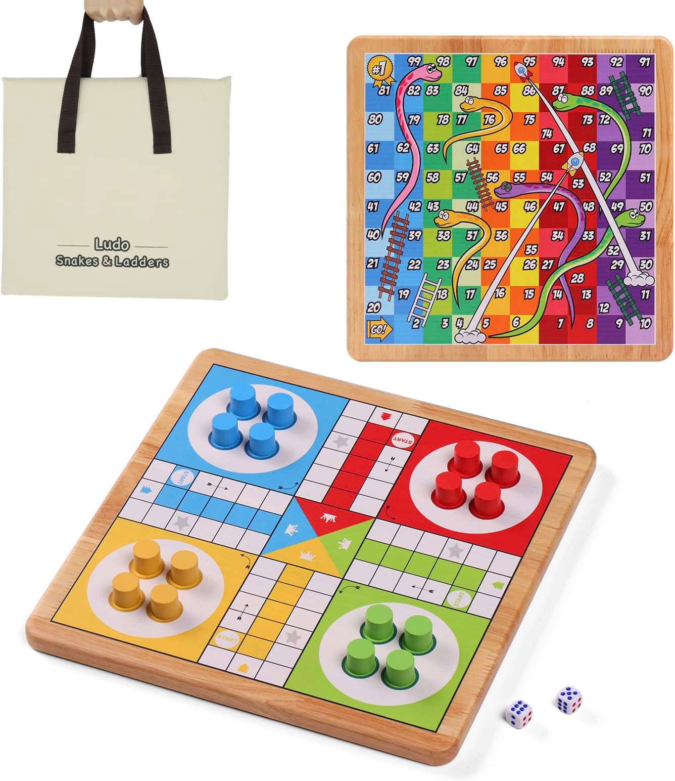 Crobyi 12 Inches Ludo Board Game + Snakes&Ladders, 2 in 1, Classic Board Game for Adults and Kids, Including 1 Game Board, 2 Dice, 16 Game Pieces, Rules and Carrying Bag.