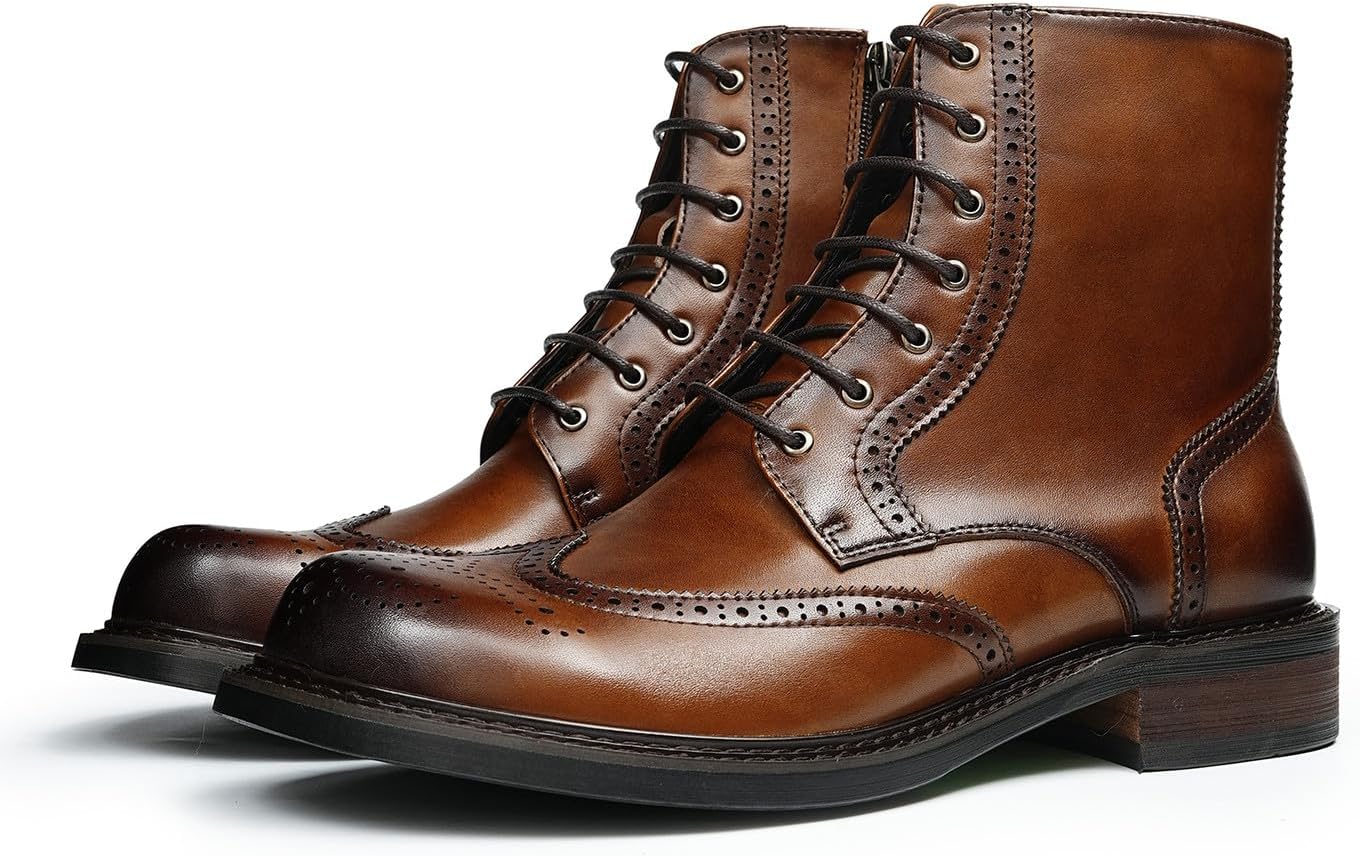 Santimon Men's Genuine Leather Wingtip Brogue Oxfords Boots - Lace-Up Dress Casual Ankle Chelea Boots with Side Zipper & Cushioned Insole for Business Casual & Prom Wedding