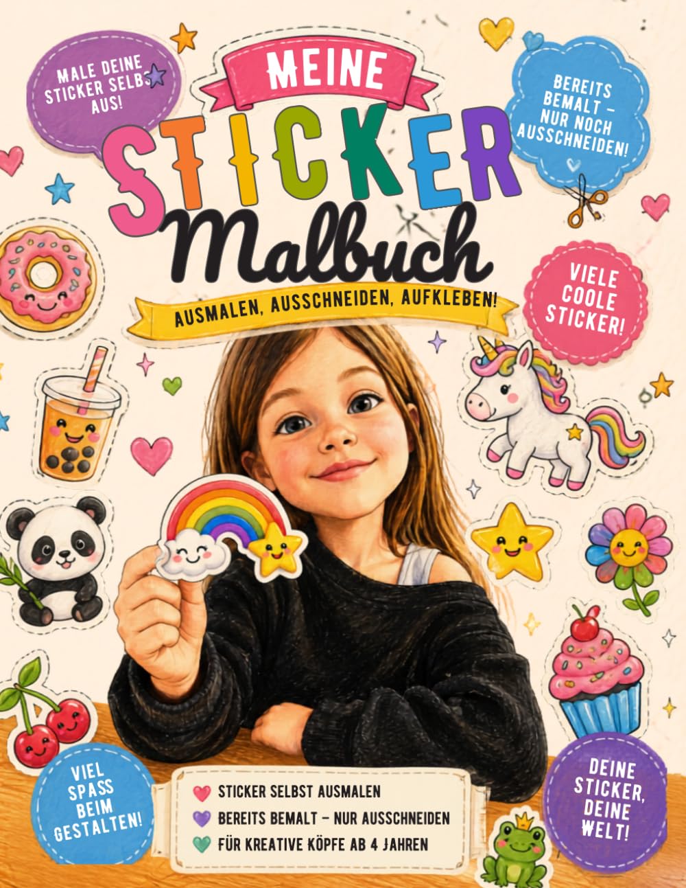 Meine Sticker Malbuch: Zum Selber Ausmalen & Basteln: 15 süße Sticker zum Ausmalen + 15 bereits kolorierte Sticker zum Ausschneiden | Kreativer Sticker-Spaß für Kinder ab 4 Jahren