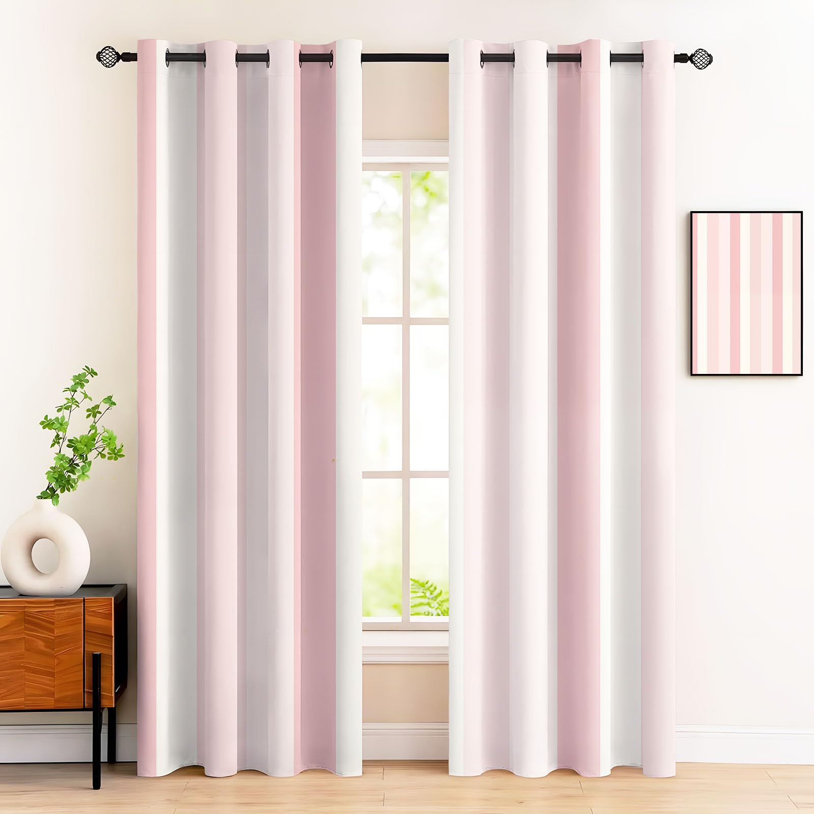 Rideau Occultant Thermiques Anti Froid Jolies Rayures Imprimé 117Lx183H Cm Rideaux Opaques pour Salon Chambre, Géométrie Simple Design avec Oeillet Poudre Blush Lot De 2 De Cuisine