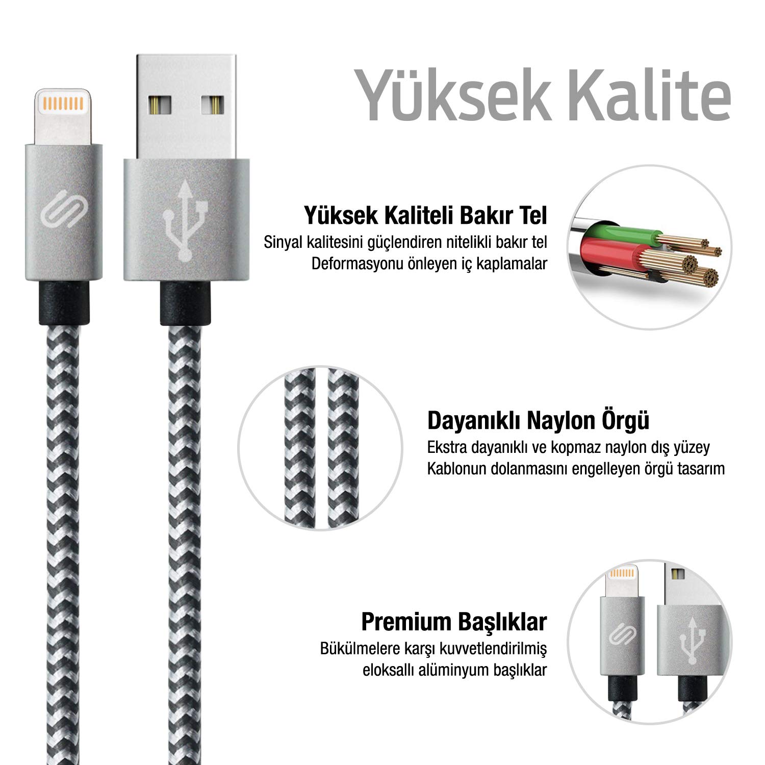 QWERTS Hızlı USB Lightning Kablo – 3’lü Şarj Kablosu Seti - iPhone XS/X/8 Plus/7/7 Plus/6/6 Plus/6s/6s Plus/5/5s/5c/SE&iPad ile Uyumlu – Siyah Beyaz