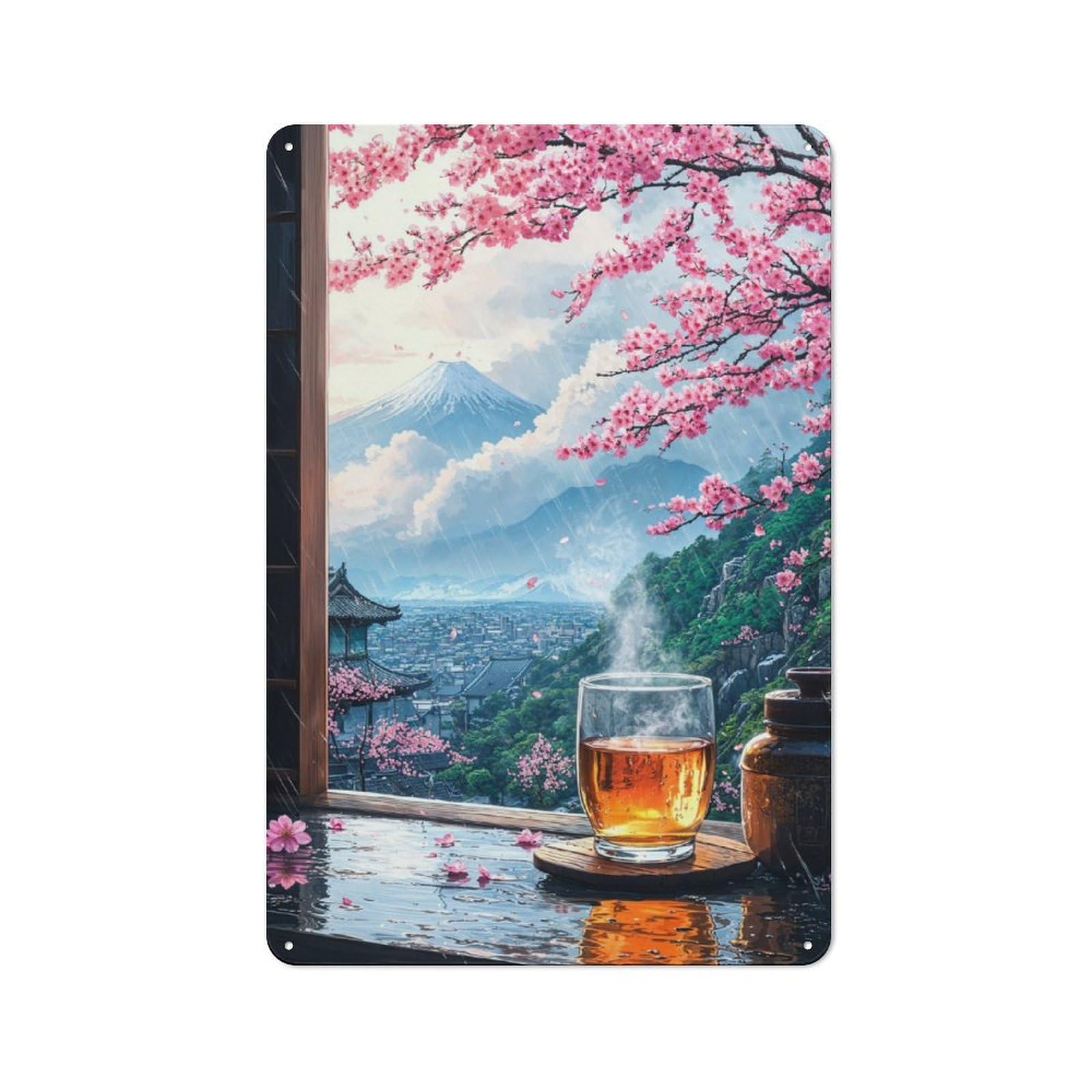 Junmoney Japanese Rainy Landscape Vintage Tin Wall Plaque 30X20cm For Café Or Restaurant, A Decorative Christmas Gift For Café Owners And Decorators