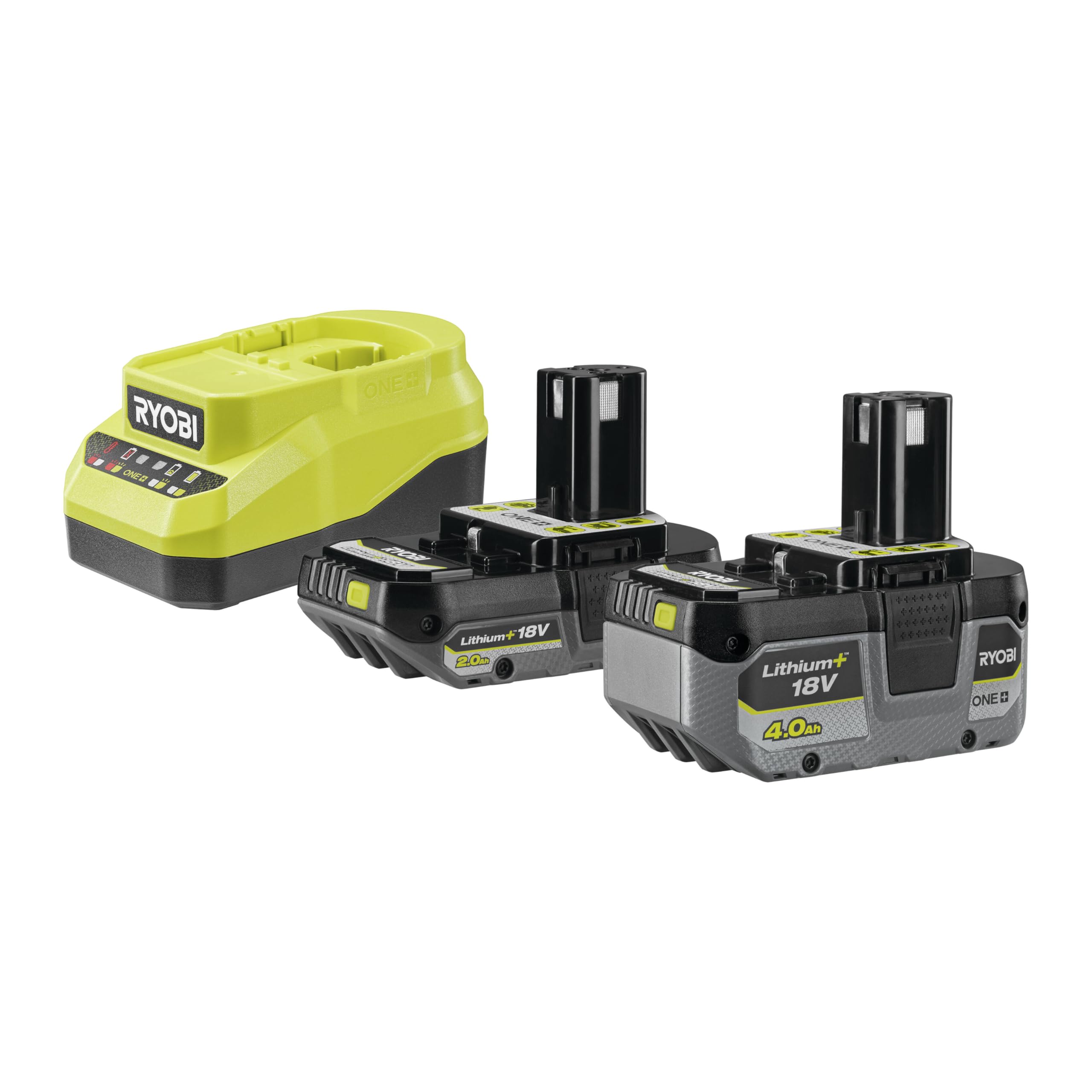 RYOBI - Cargador rápido de 18 V, 2,0 A, batería de Litio + 4,0 Ah + batería 2,0 Ah One+ - RC18120A-242X - Indicador 4 LED, Celdas antichoque, protección sobrecalentamiento, 100% Compatible con