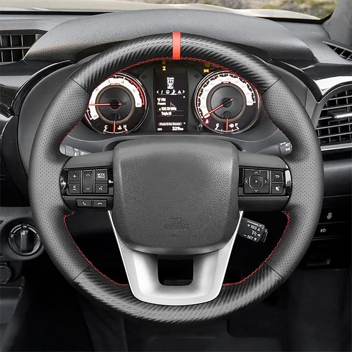 Auto Custom Fit OEM Hand Stitched Black Genuine Leather Suede PU Carbon Fiber Steering Wheel Cover for Toyota Hilux Revo 2015 2016 2017 2018 2019 Accessories