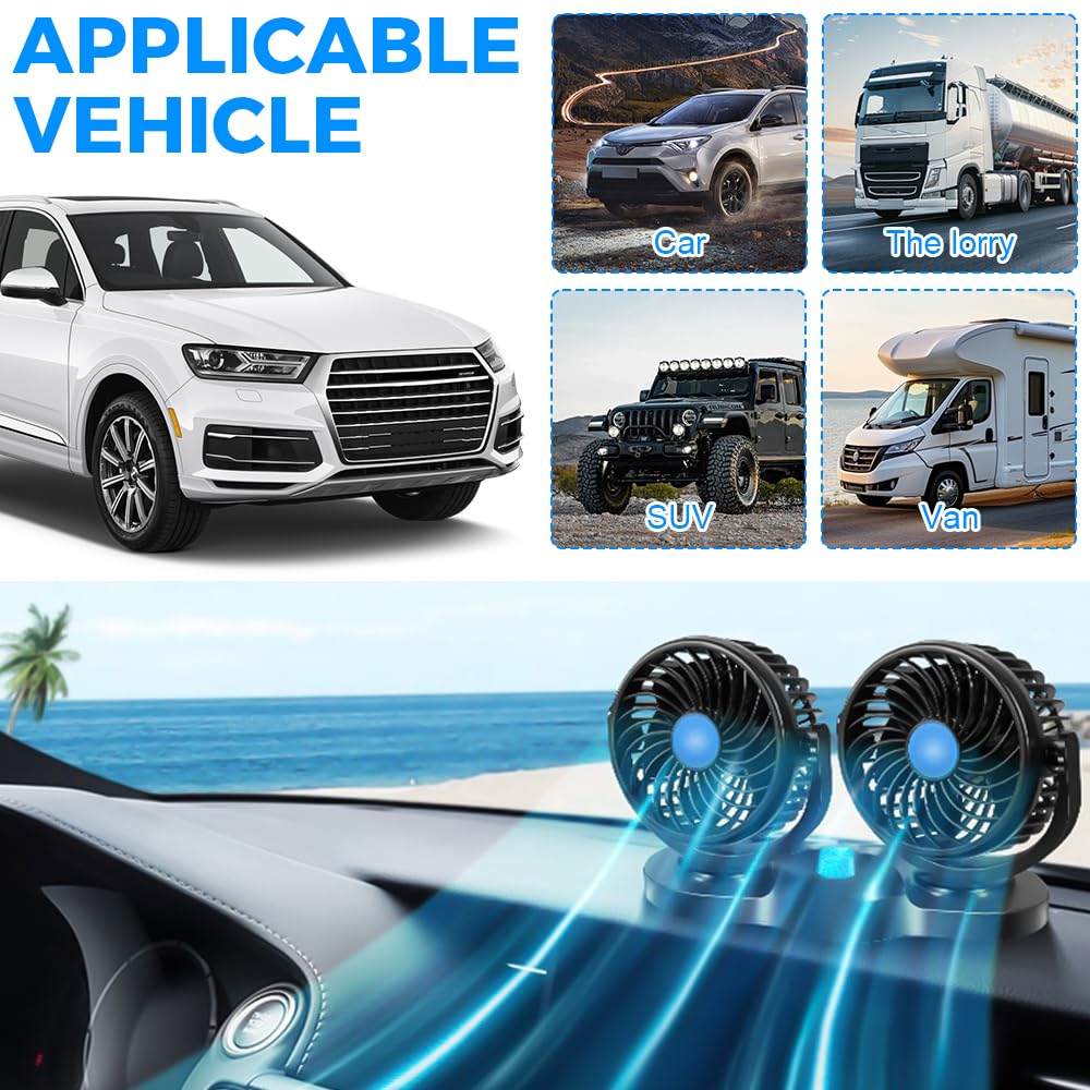 Ventilateur De Voiture, Double Tête USB Ventilateu Portable 360 Degrés Rotatif, Double Tête Ventilateur Avec 2 Niveaux De Vitesse Changer, Ventilateur Voiture Pour Camping-Car, SUV