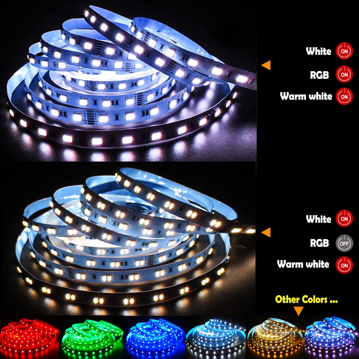 Taśma LED 5 w 1 24V RGB+CCT RGB + biała + ciepła biel (2800 K do 6500 K) RGBCW 5m mieszane kolory IP20 300 LEDs listwa świetlna pasek LED