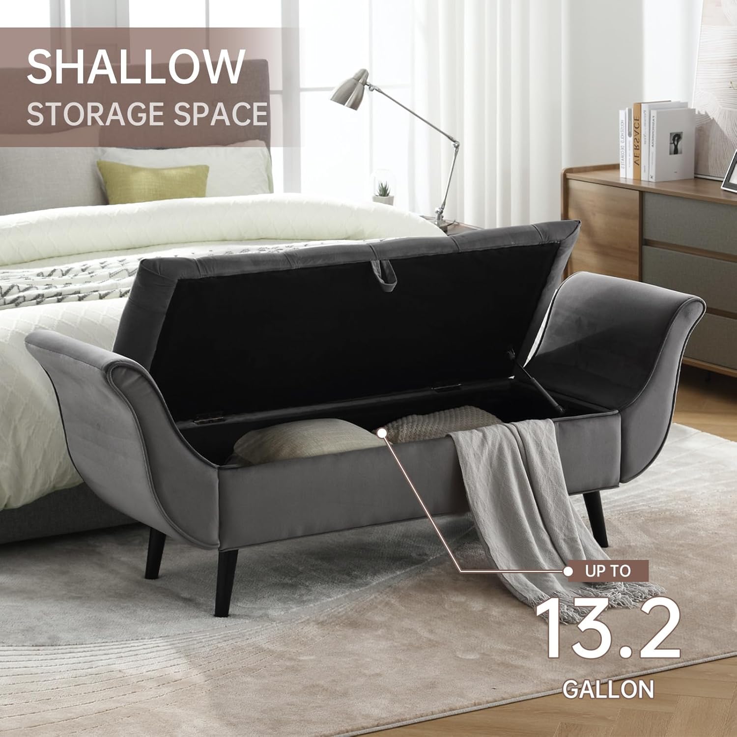 65" King Size Bed Bench with Arm, End of Bed Storage Benches for Bedroom Foot of Bed Modern Velvet Upholstered Ottoman Under Beside Window, Entryway, Living Room Seating with Two Pillow (Dark Grey)