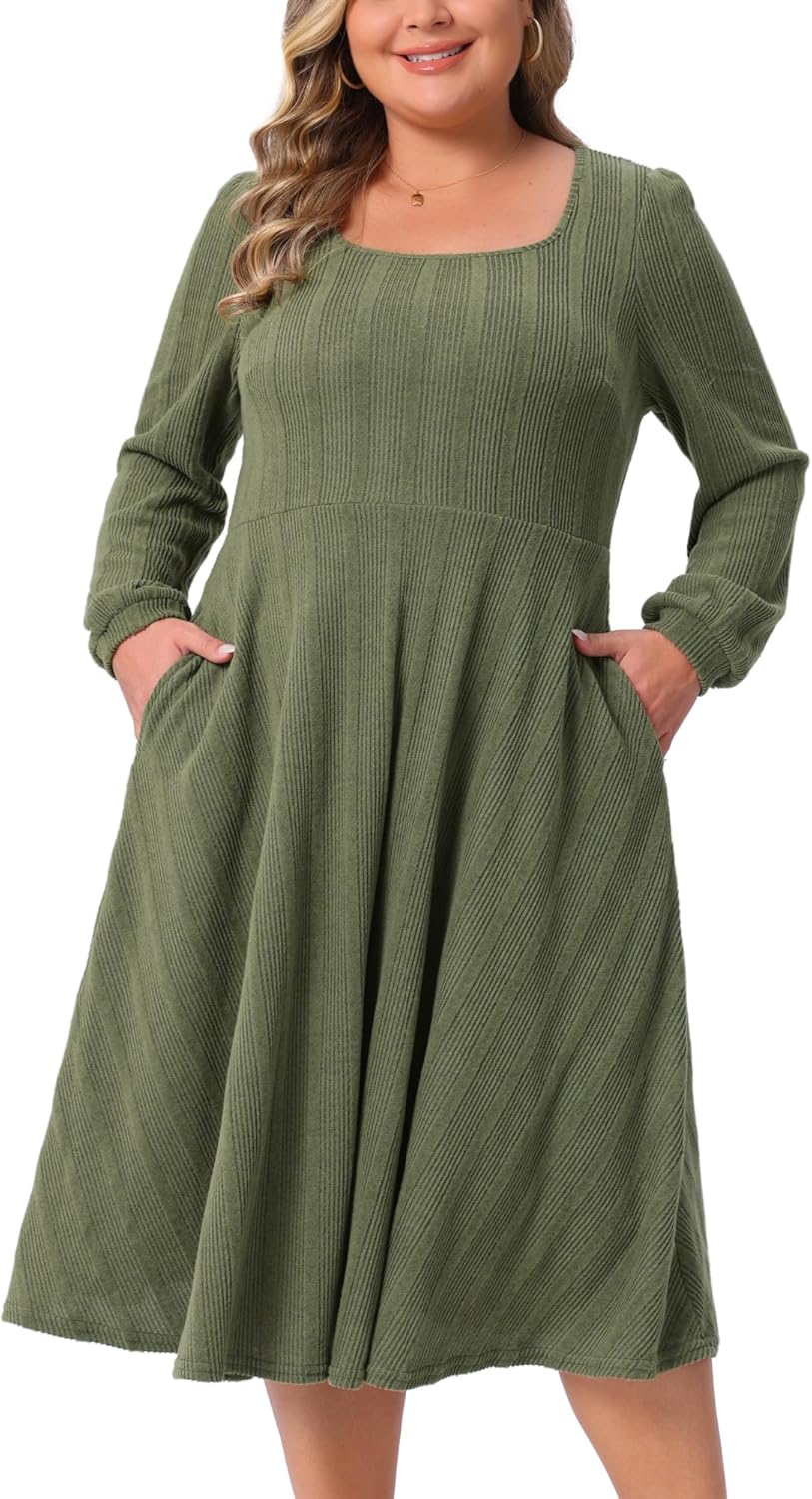 Agnes Orinda Plus Size Knit Dress for Women Square Neck Long Sleeve Casual Flowy A Line Midi Dresses with Pockets