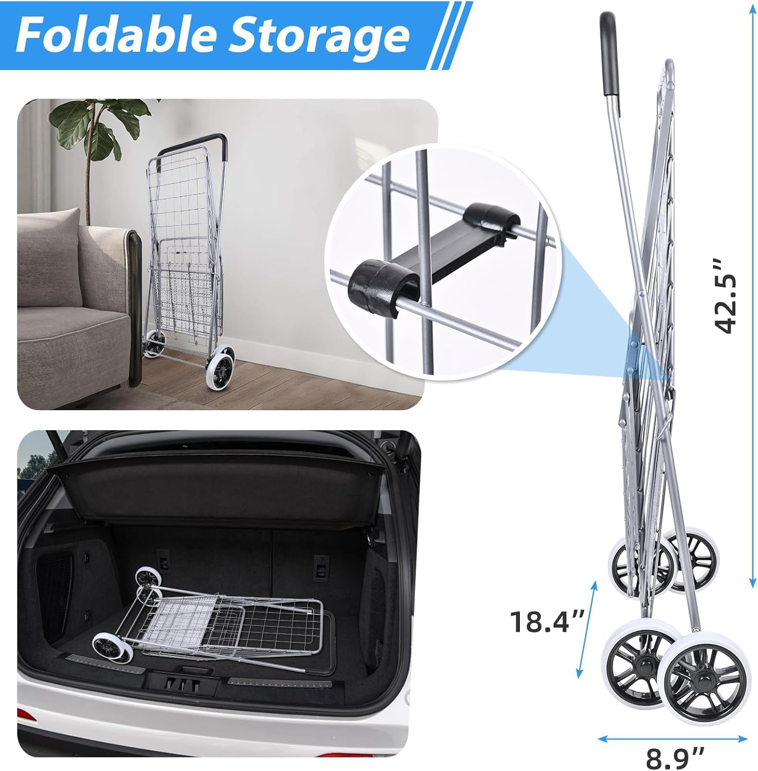 Folding Shopping Cart with Double Baskets, Collapsible Grocery Rolling Utility Cart on Wheels, Metal Trolley with Mesh Bottom, Compact Lightweight Wagon for Groceries, Camping, Luggage, Laundry