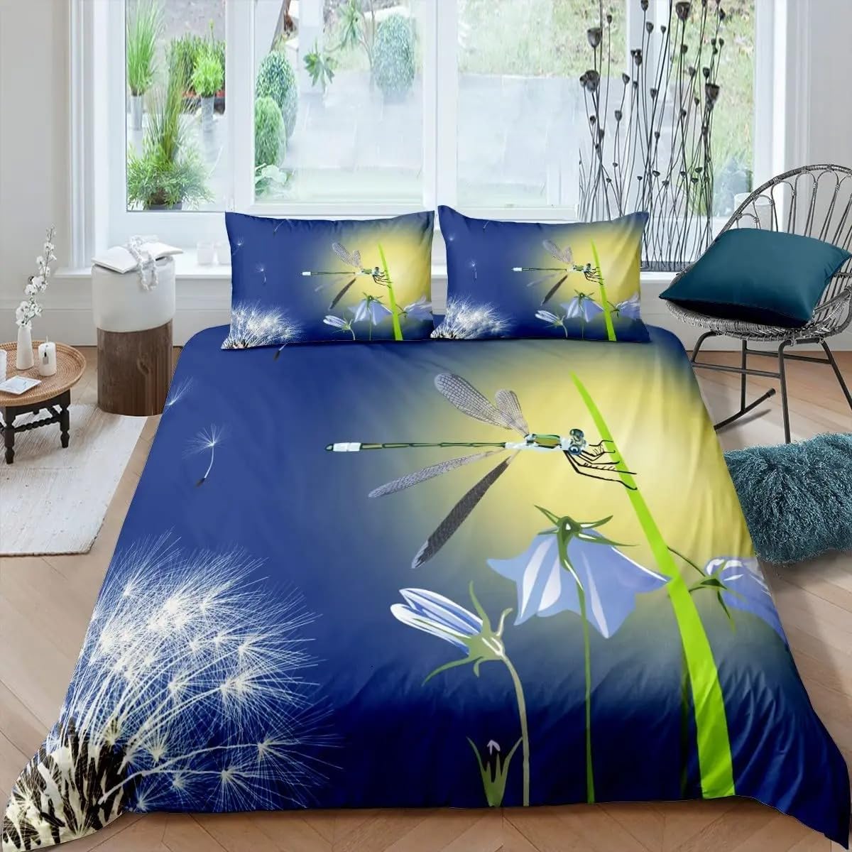 Podwójna poszwa na kołdrę 240 x 220 ważka Dandelion, zestaw pościeli z mikrofibry, 1 podwójna poszwa na kołdrę 240 x 220 cm + 2 poszewki na poduszki 50 x 80 cm