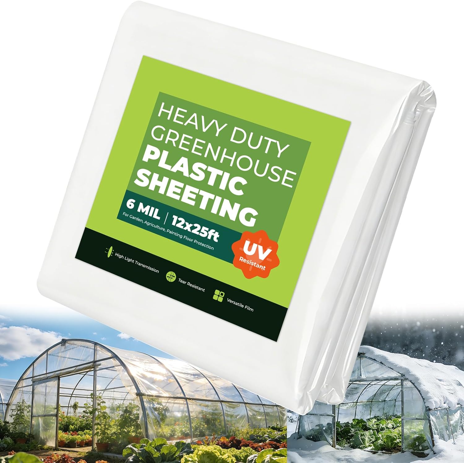 12x25 ft Greenhouse Plastic Sheeting, 6 Mil Green House Plastic Covering, Heavy Duty Greenhouse Cover Replacement, Thick Greenhouse Film