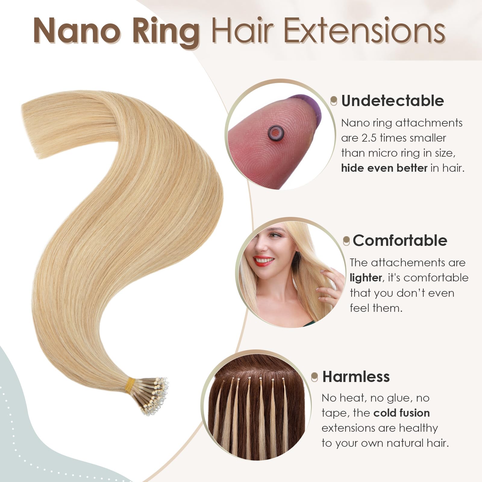 Elailite Nano Beads Extension Real Human Hair 50 Strands 50g Cold Fusion With Nano Ring Remy Hair Straight Highlighted (#18/613 Ash Blonde Mix Bleach Blonde - Image 2