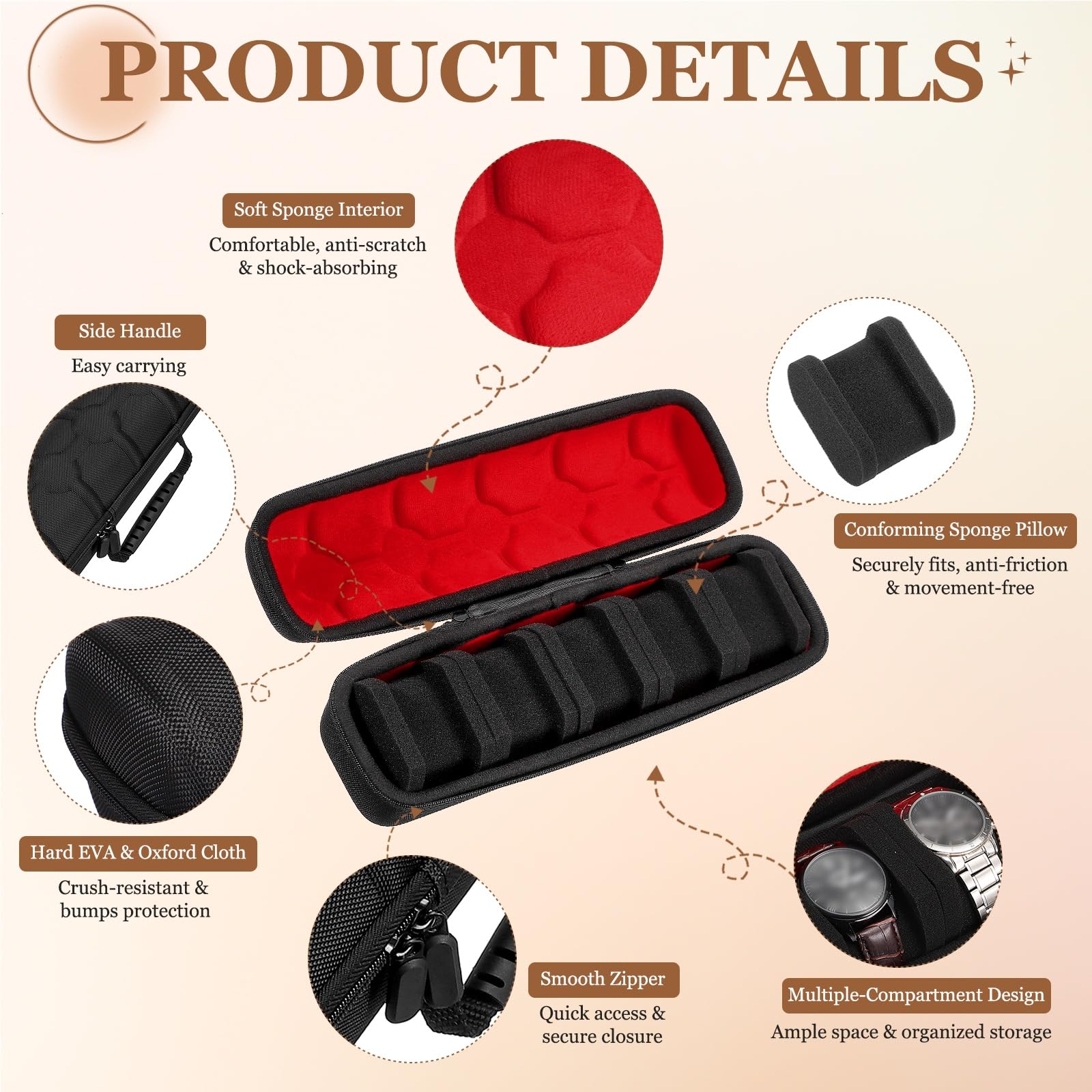 Estuche de viaje para relojes sourcing map, caja de almacenamiento portátil de 5 ranuras para relojes, estuche enrollable organizador para relojes de pulsera para hombres y mujeres, viajes, negocios