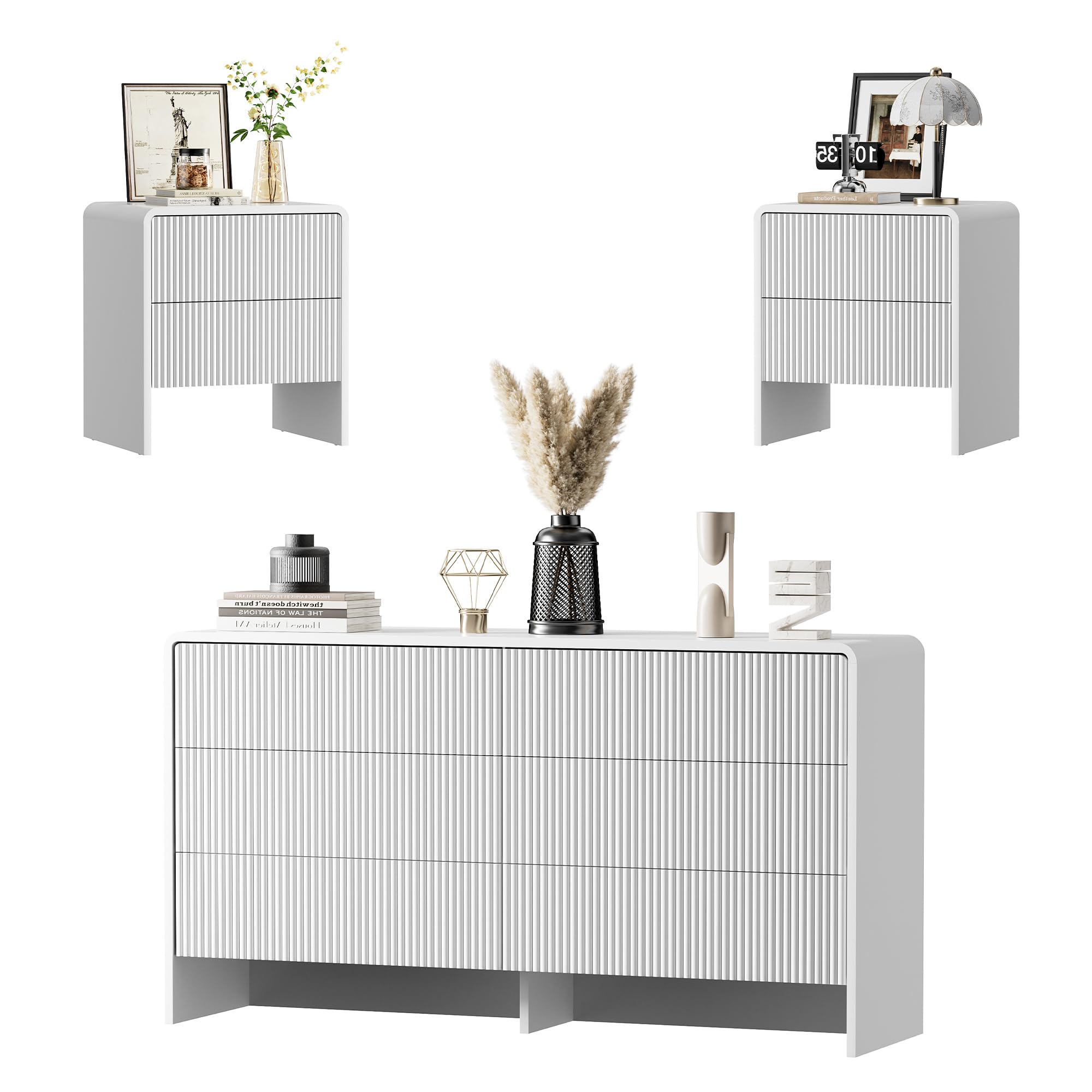 Furniway 3 Piece Bedroom Dresser Set, 6 Drawer Dresser with 2 Nightstands, Fluted Chest of Drawers with Pop-Up Design, Modern Storage Furniture for Bedroom, Living Room, Entryway, White
