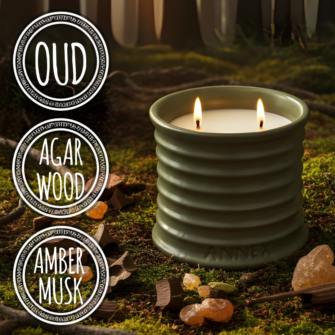 Annex Handgefertigte Keramikkerzen | Woody Wood - Oud & Agarwood Scented Sojawachs, ungiftig - 2 Baumwolldocht | Großes grünes Glas | Wiederverwendbar - Natürliche Aromatherapie Luxus Kerze für Frauen
