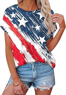 Womens American Flag Shirt Short Sleeve USA 4th of July Flag Tops Loose Patriotic Novelty T-Shirts S-XXL