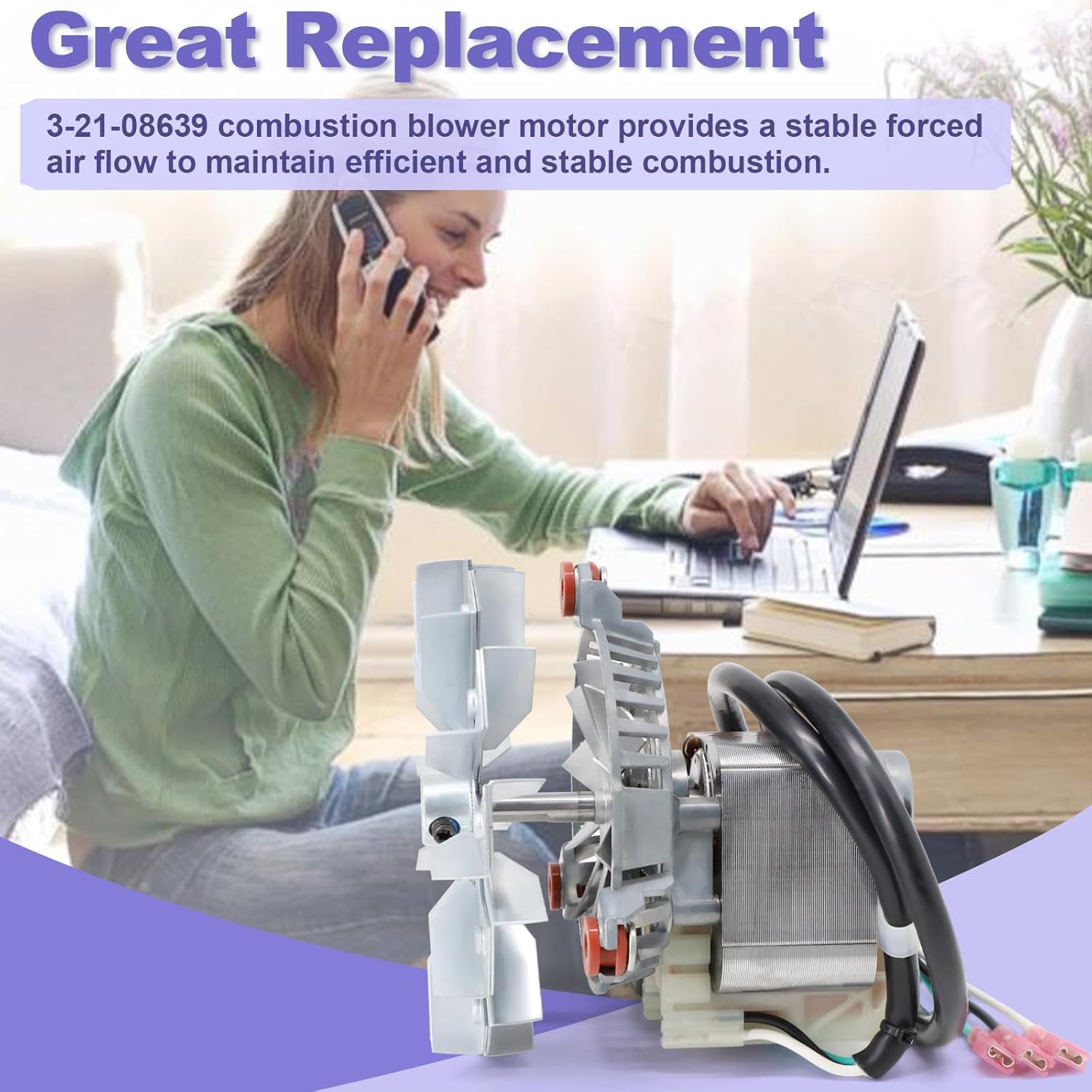 3-21-08639 Combustion Blower Fan Motor for Harman P43 P61 P68 P38 Accentra 52i, Advance Pellet Stoves, Blower Exhaust Fans Motor with 3-20-502221 Double Paddle Fan Blade Replacement