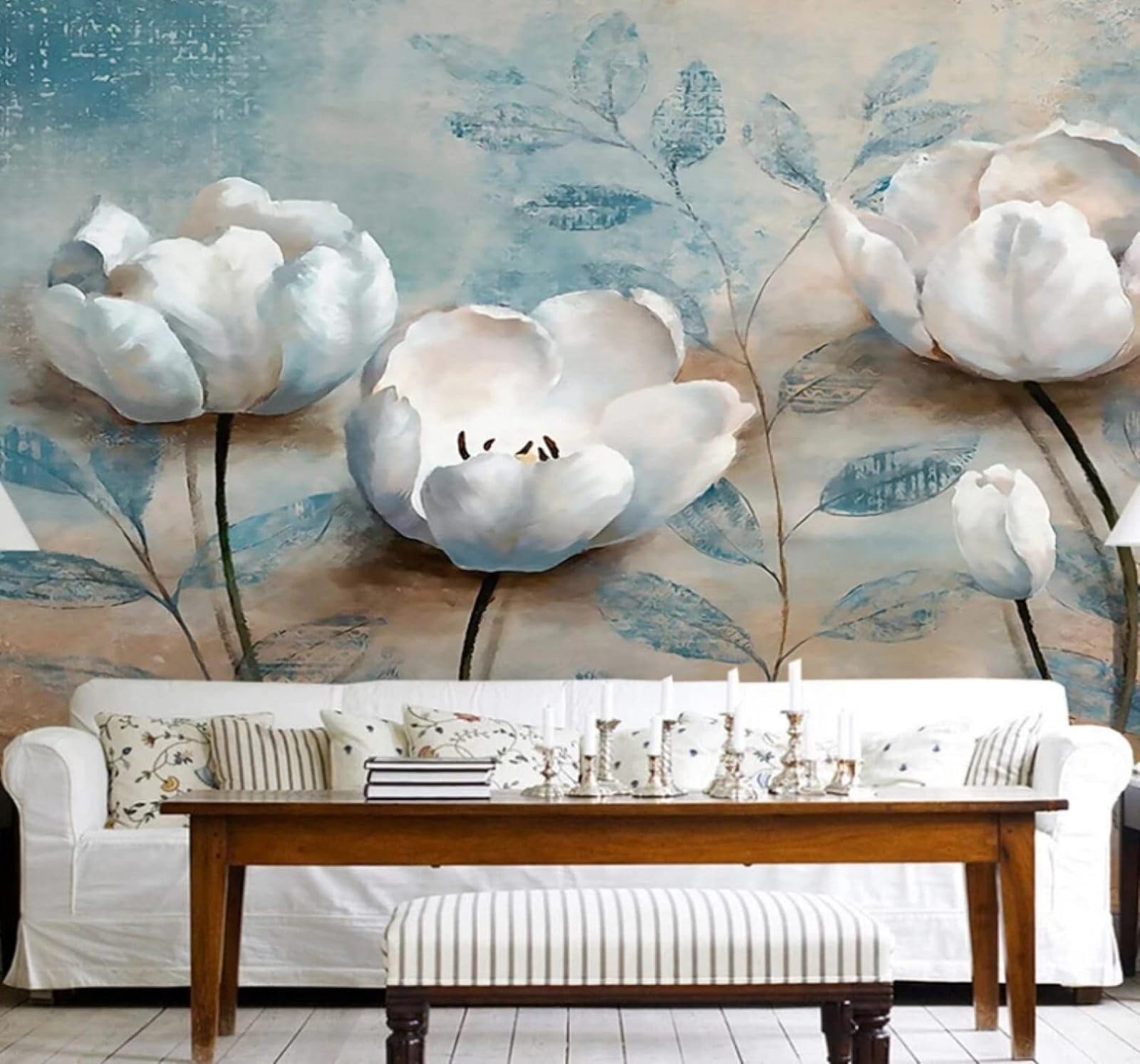 Wallpaper-3D-Xlm 200Cm×140Cm(B×H) Vintage Embossed White Flowers Plants 3D Wallpaper Easy Install Feature Office Living Room Sofa Bedroom Tv Background Wall Decoration-200Cm×140Cm