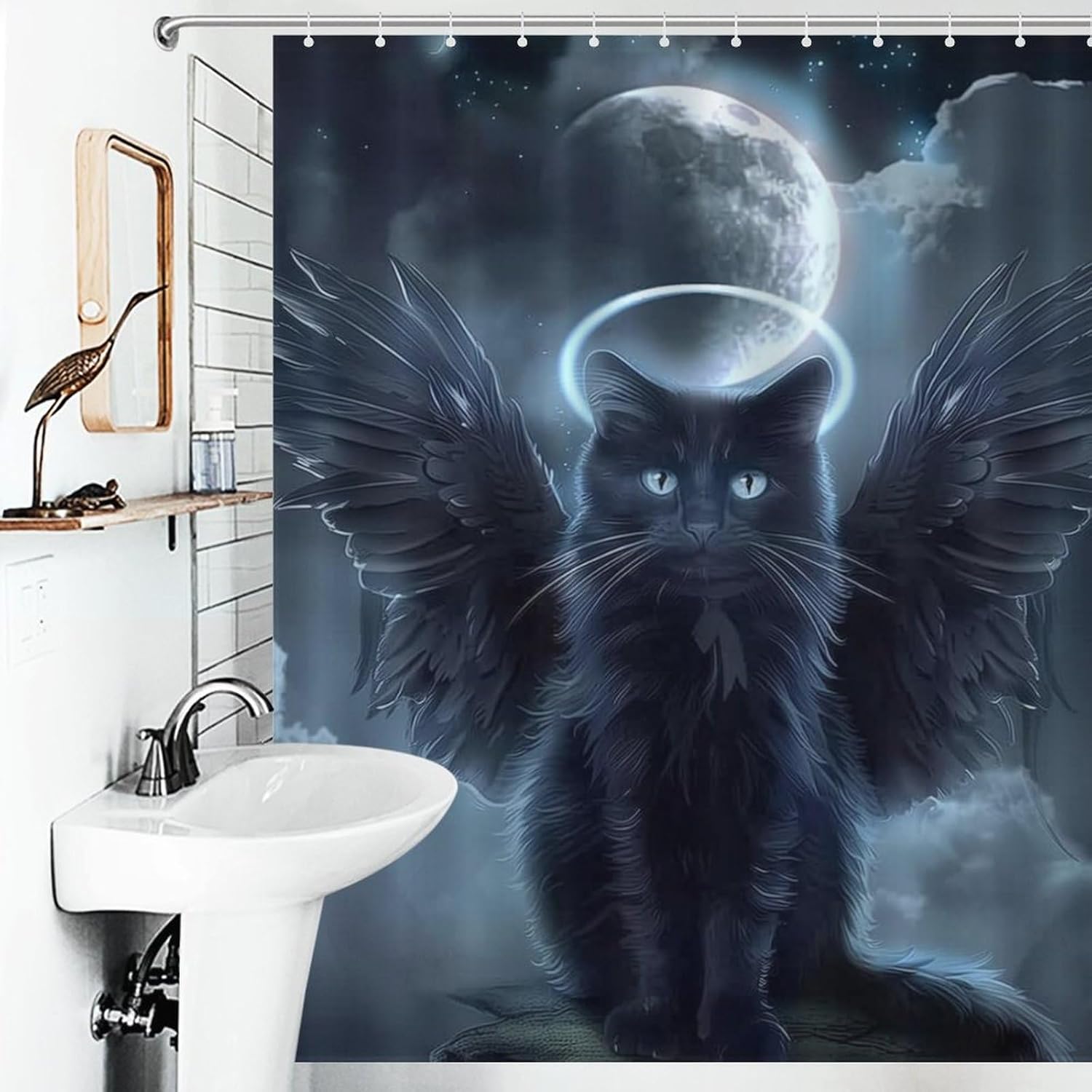 Angel Cats Black Shower Curtain Fabric Shower Curtains Bathroom Waterproof Lightweight 60x72Inch（152x183cm）