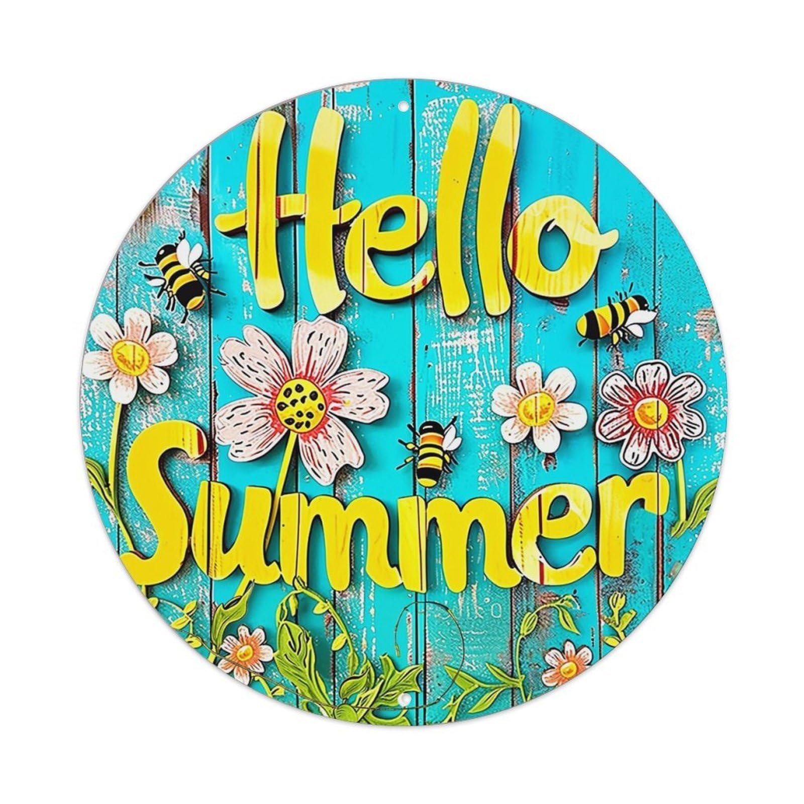 Hello Summer Floral Bee Pattern Tin Sign Metal Poster Vintage Metal Signs for Home Man Cave Bar Cafe Kitchen laundry room Wall Decorations 8x8 inches