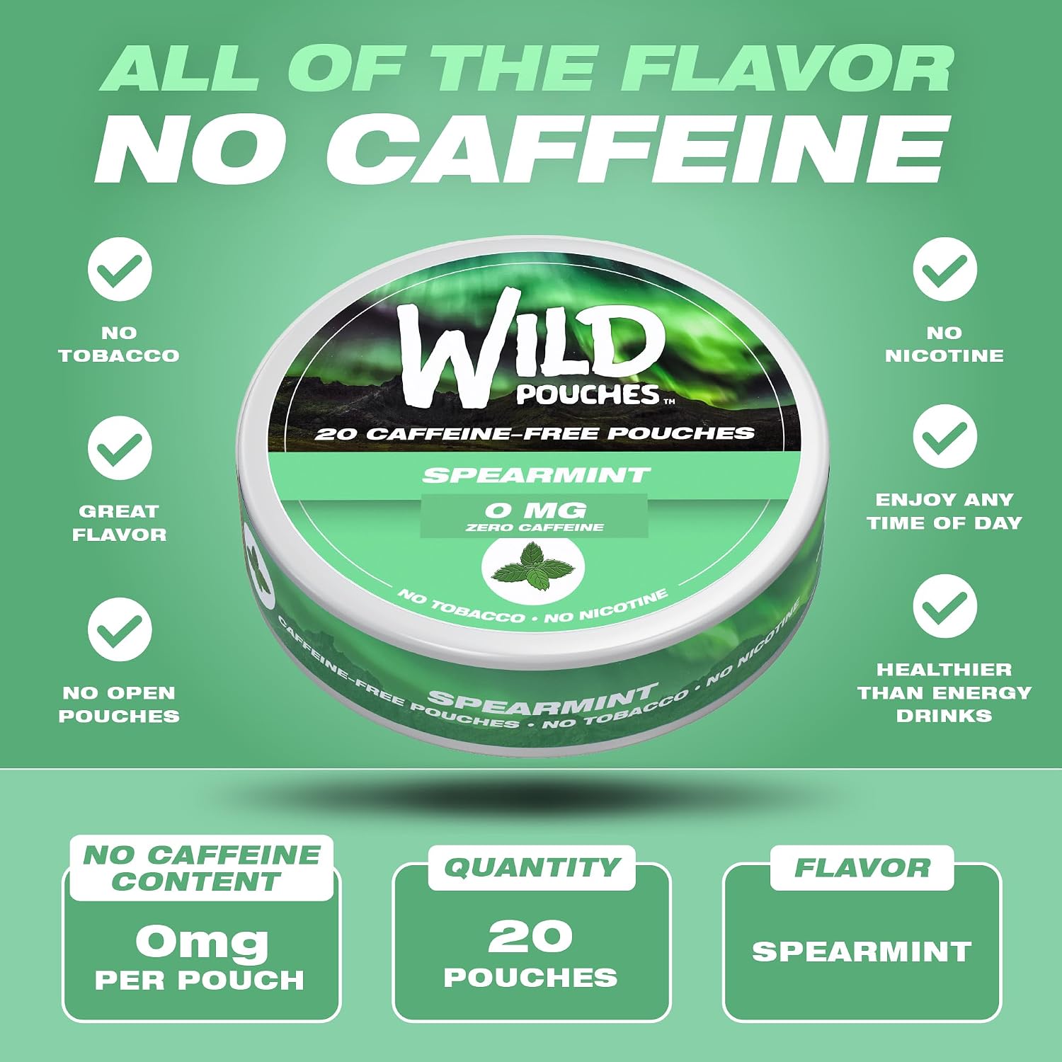 Wild 5 Pack 0mg Nicotine Free Pouches No Caffeine Spearmint - 20 x Caffeine Free Pouches