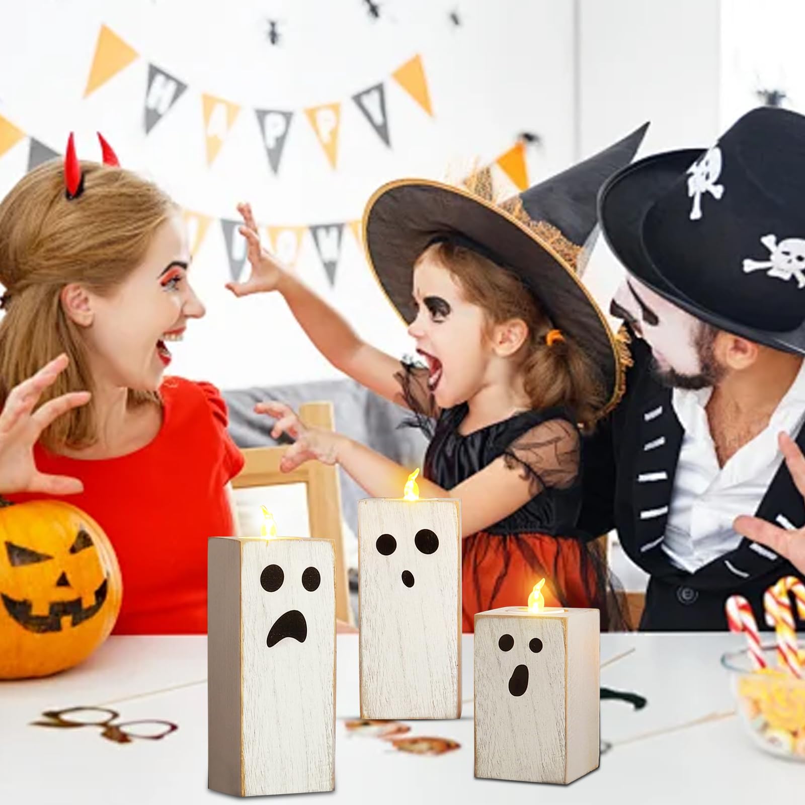 3 Candele LED Halloween Fantasma In Legno - Decorazioni Casa, Tavola E Interni Per Feste Autunnali