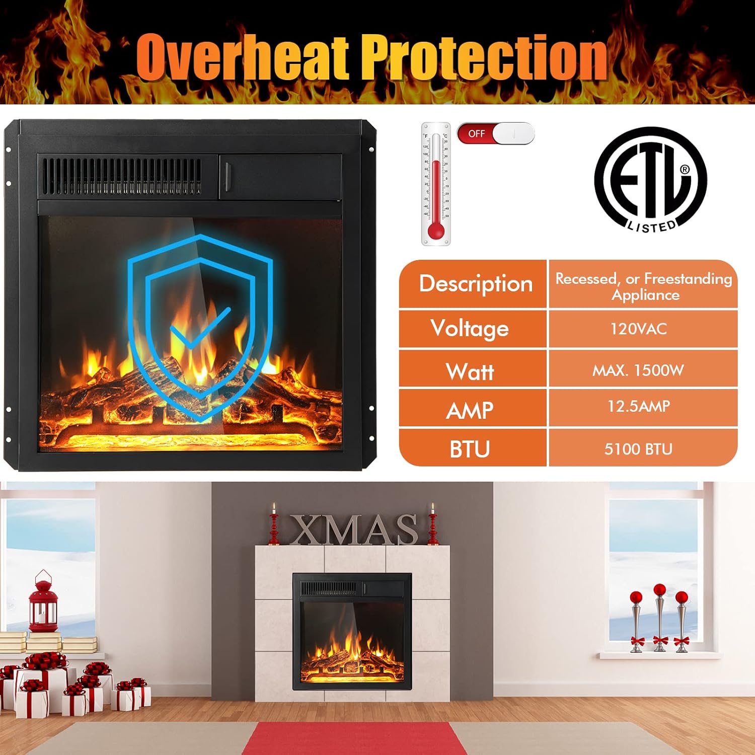 GOFLAME 18 Inches Electric Fireplace Insert, Recessed Fireplace Heater with 7-Level Adjustable Flame Brightness, Remote Control, Overheat Protection, ETL Certified, 750W/1500W, Black