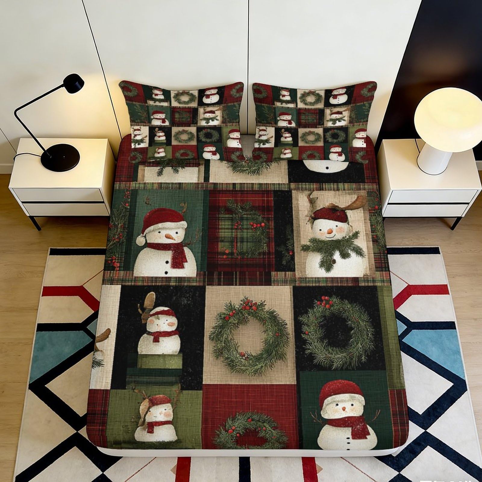 3D Printed Christmas Snowman Fitted Sheet Microfiber Soft Festive Wreath Bed Cover for Bedroom Guest Room Decor 90x200x25cm