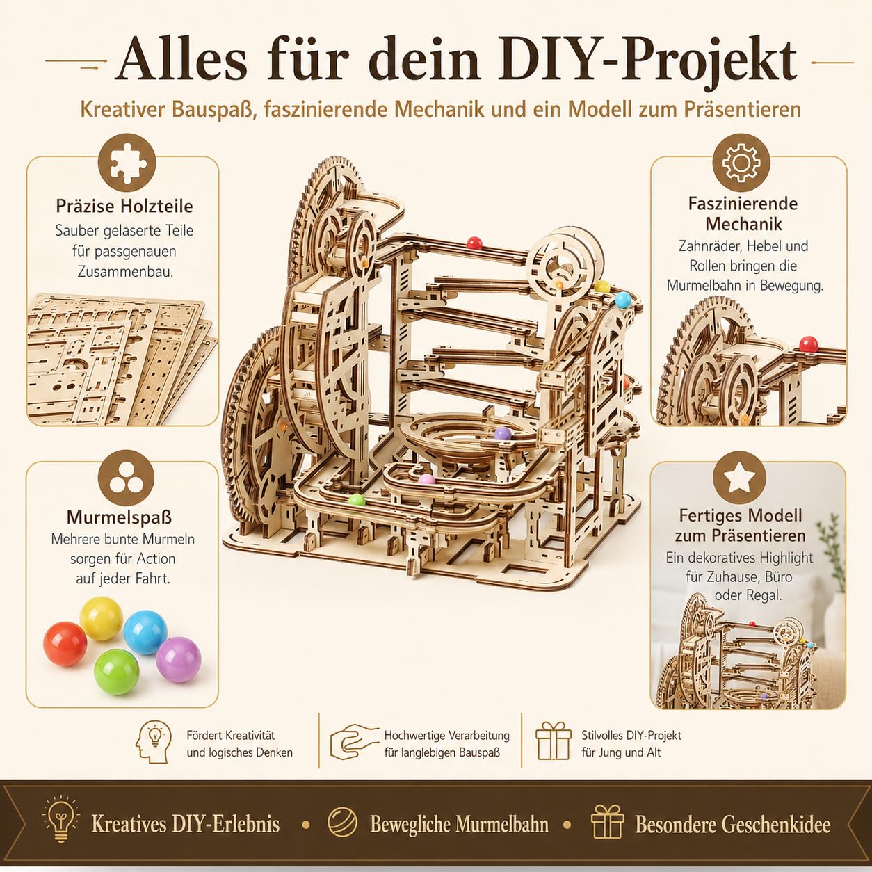 Puzzle in legno 3D Marble Maze – Modello meccanico fai da te per adulti e bambini, kit creativo con ingranaggi, giocattolo educativo e regalo per appassionati di fai da te e modellismo, 396 pezzi
