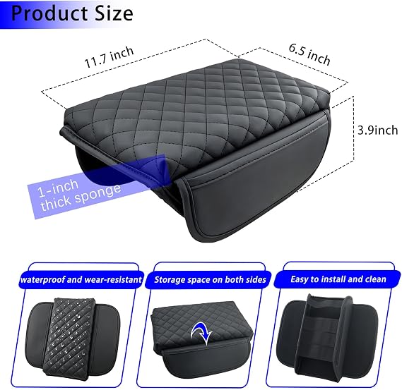 Center Console Armrest Cover for 2021-2026 Ford Bronco 2/4 Door PU Leather | Not for Bronco Sport, Side Storage Pockets, Thick Sponge Padding, Scratch Resistant PU Leather, Elastic Strap Installation