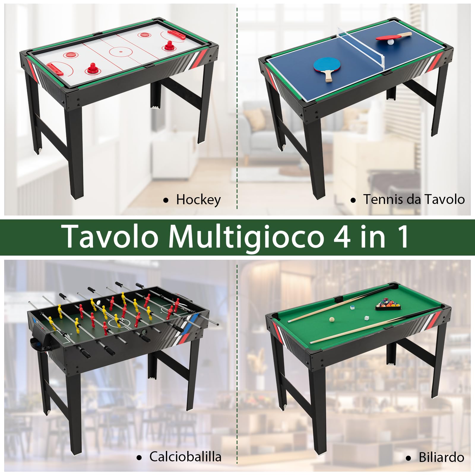 GYMAX Tavolo Multigioco 4 in 1 con Calcio Balilla, Biliardino Professionale