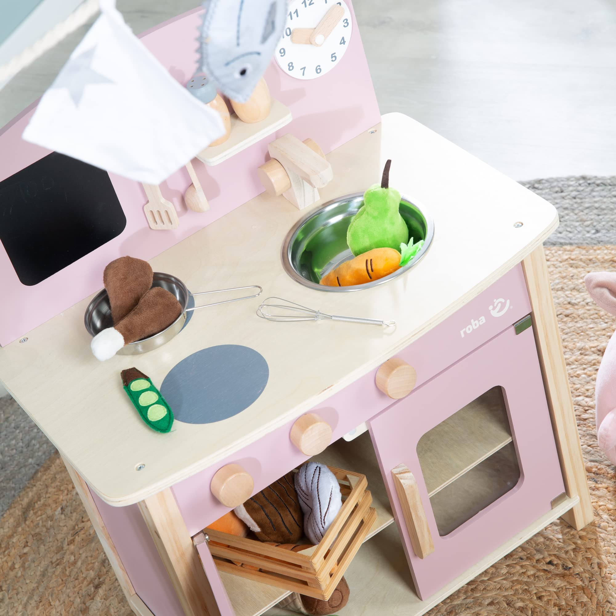 roba Cuisine Enfant en Bois - avec Plaque de Cuisson + Évier et Accessoires en Métal et Bois - à Partir de 3 Ans - Rose