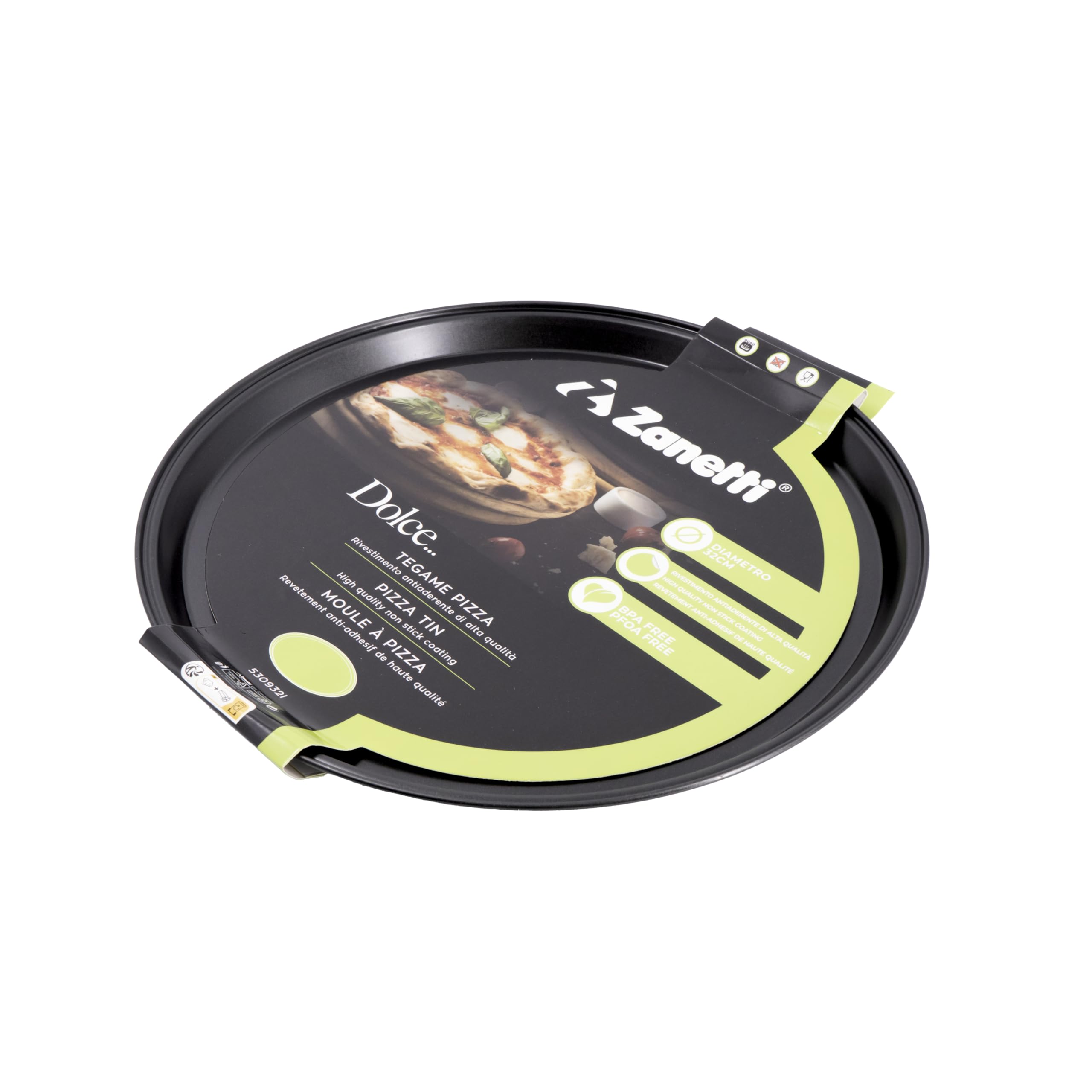 Zanetti, Pizza Pan Diameter 32 cm, Height 1.5 cm, Round Baking Pan in Carbon Steel, Non-Stick Coating, Black, Thickness 0.4 mm